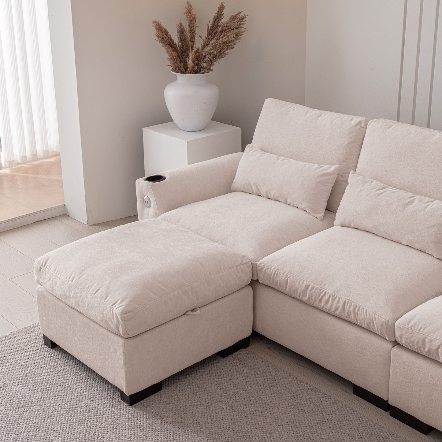 Modern Modular L Shaped Chenille Sofa Couch Reversible Ottoman With Storage Removable And Washable Cushions Sofa With USB Ports & Cup Holder For Living Room - Beige