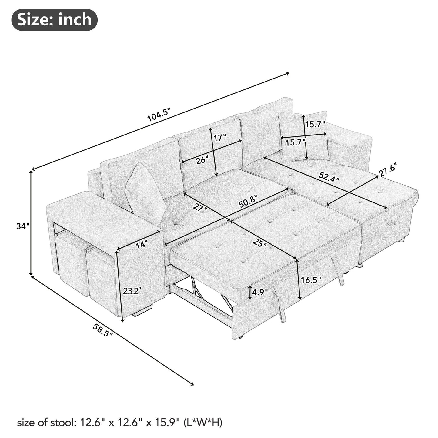 Modern L-Shape 3 Seat Reversible Sectional Couch, Pull Out Sleeper Sofa With Storage Chaise And 2 Stools For Living Room Furniture Set - Cream