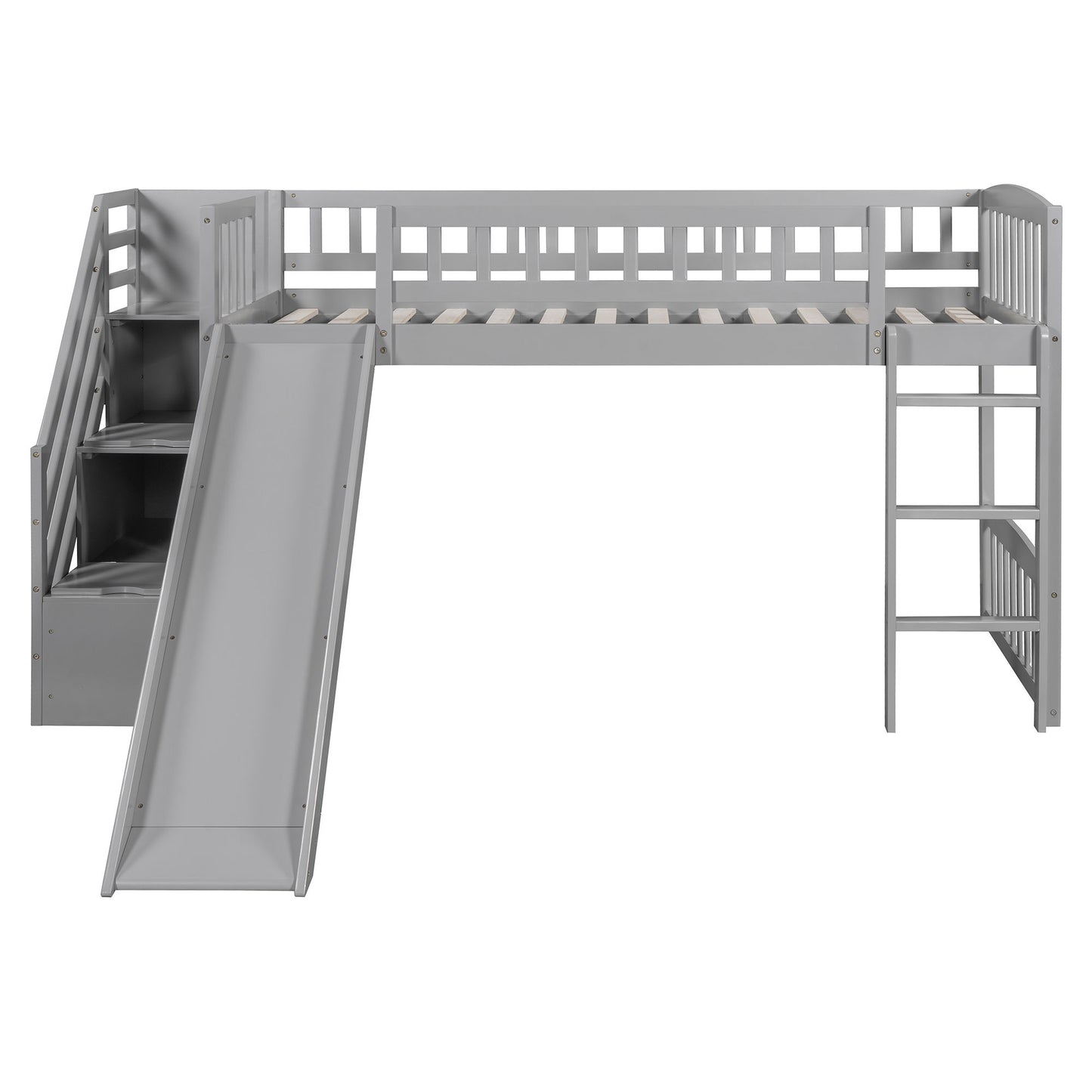 Twin Size Loft Stairway Bed With 2 Drawers And Slide - Gray