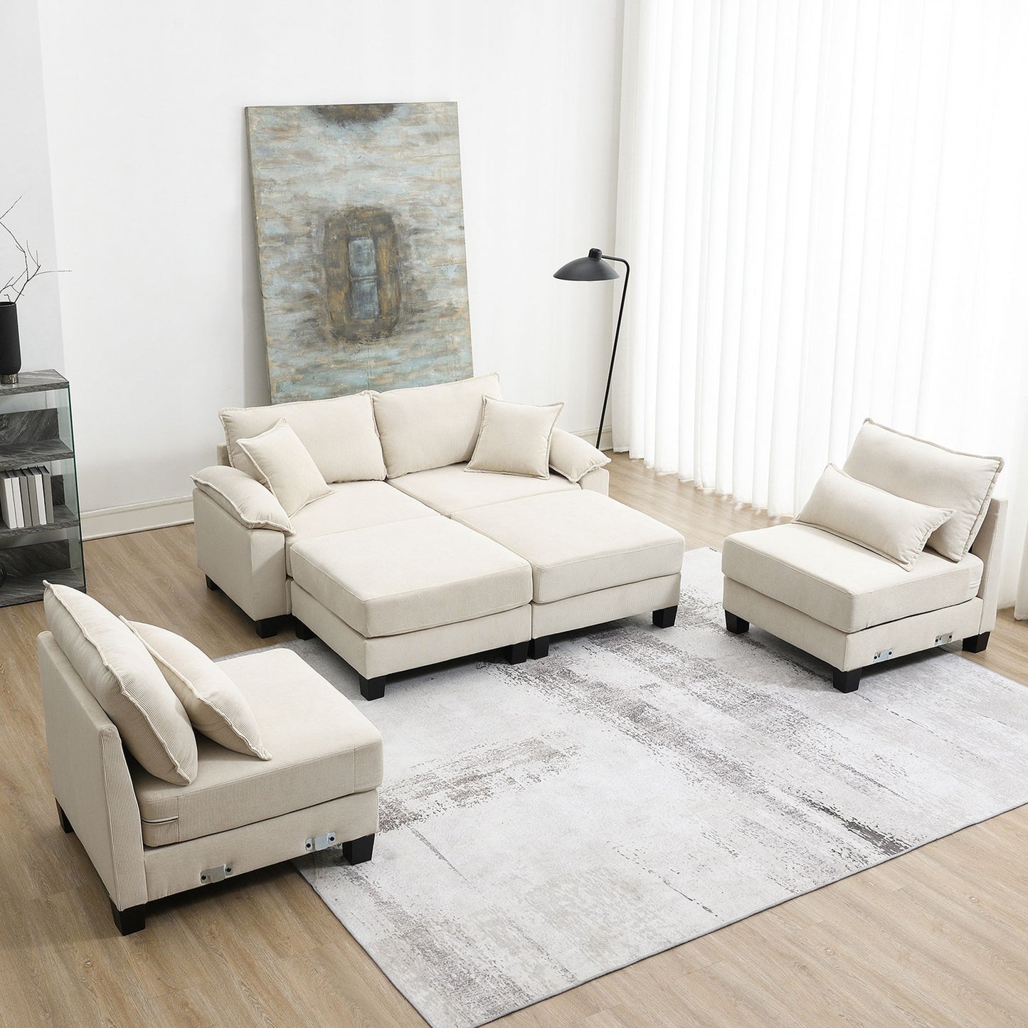 Wide Seat Modular Sectional Bed Sleeper Couch Set With Armrest Pillow 6 Seat, Free Combination Sofa With Ottomans Oversized - Beige