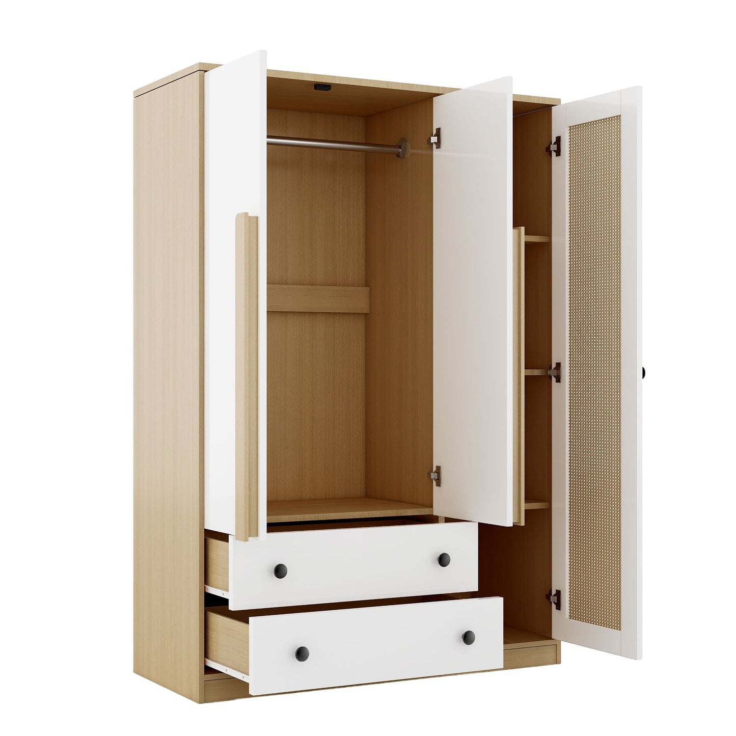 3 Doors Rattan Wardrobe Storage For Bedroom, With 2 Drawers - White / Nature