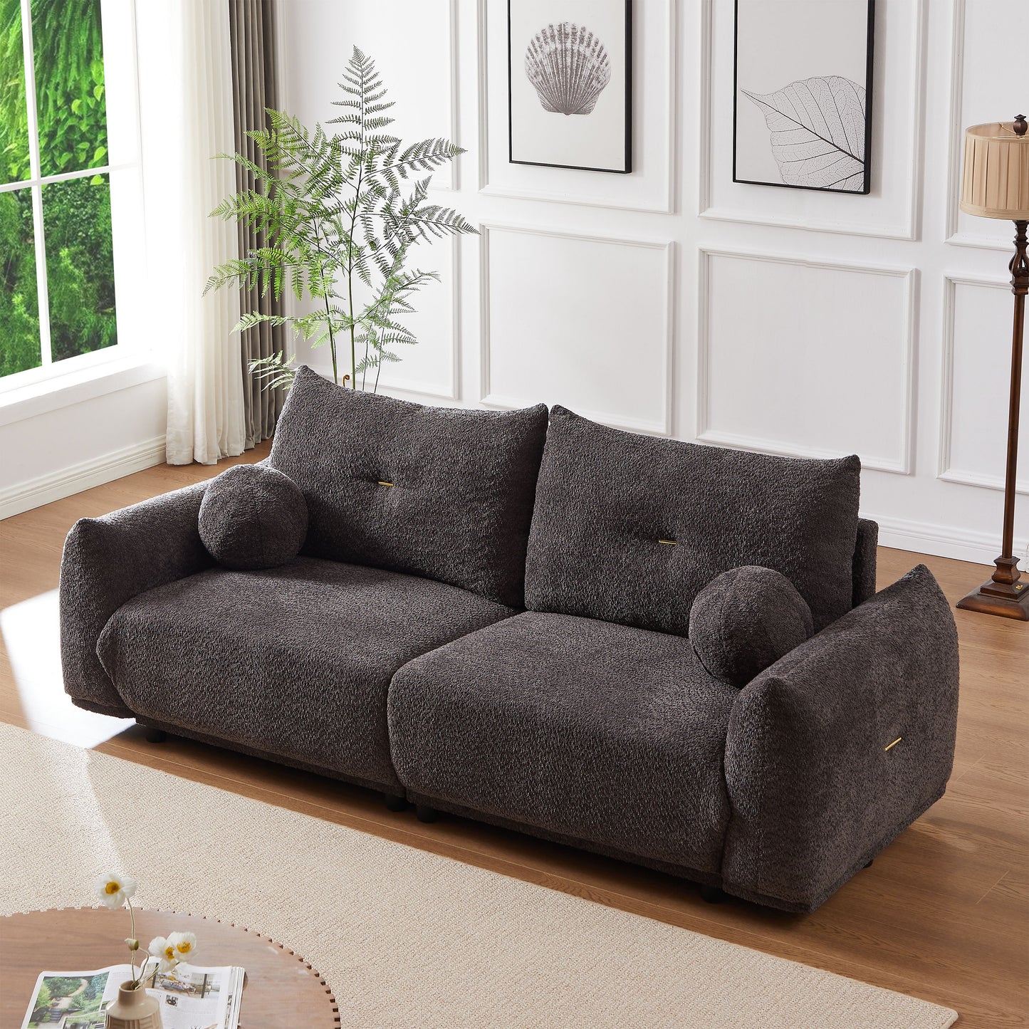 Lamb's Wool 2 Seater Cushion Sofa Comfortable Sofa For Living Room Bedroom And Other Casual Spaces Lamb's Wool Sofa With 2 Cushions And 2 Ball Pillows (Set of 2) - Gray
