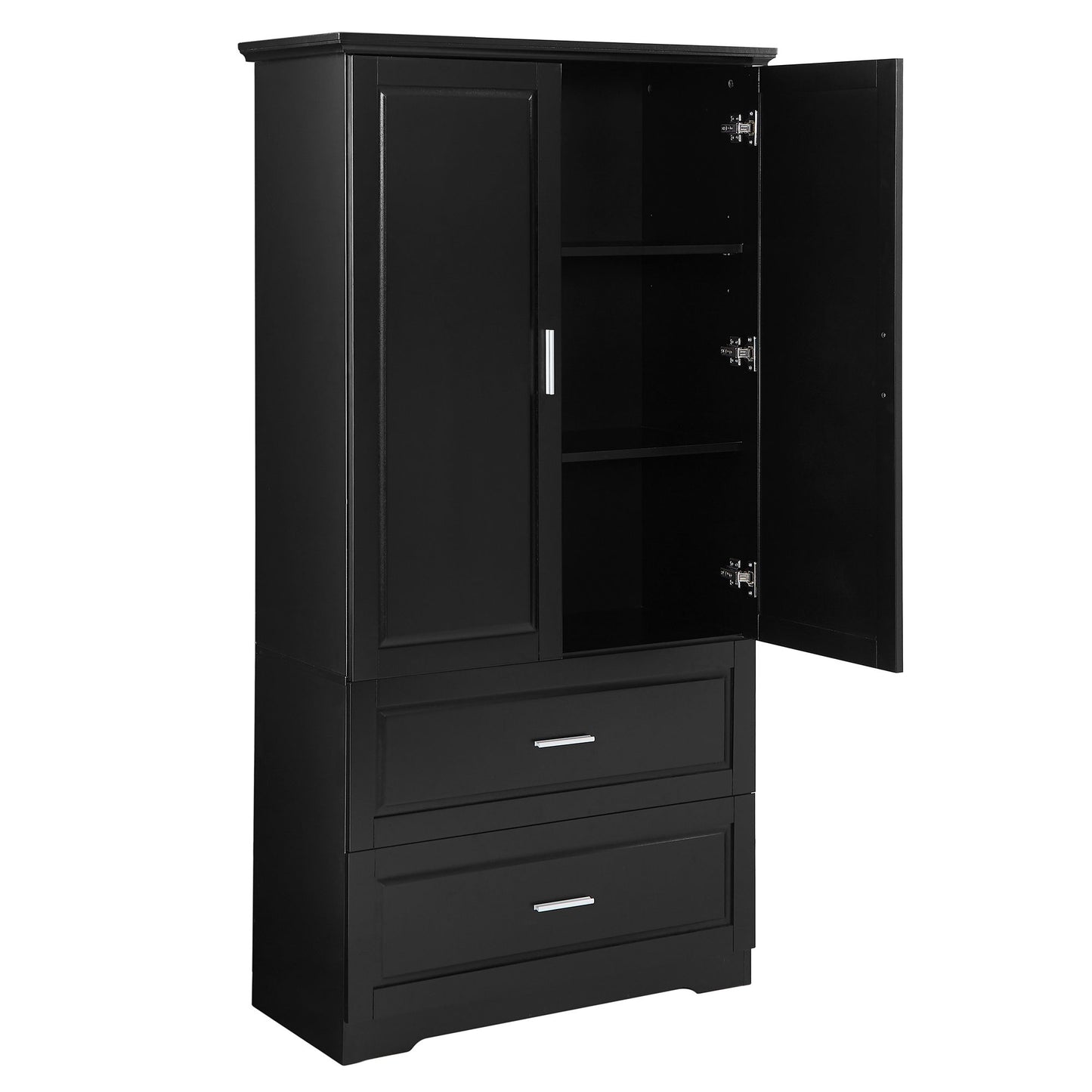 Tall Bathroom Storage Cabinet, Cabinet With 2 Doors And Drawers, Adjustable Shelf - Black