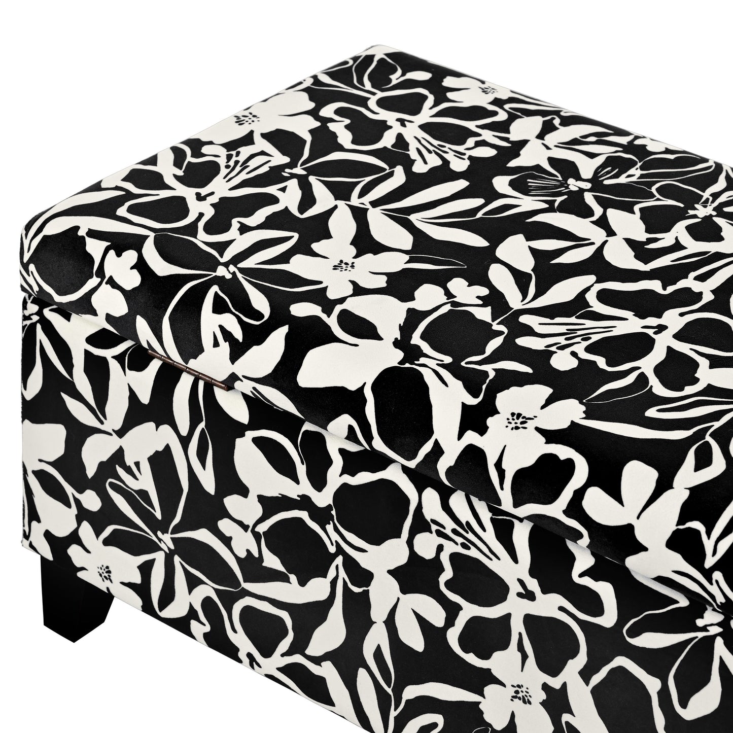Luxury Storage Ottoman With Floral Patterned Fabric, Soft Close Hinges, Multi Functional Footrest & Seat - Black Floral / White