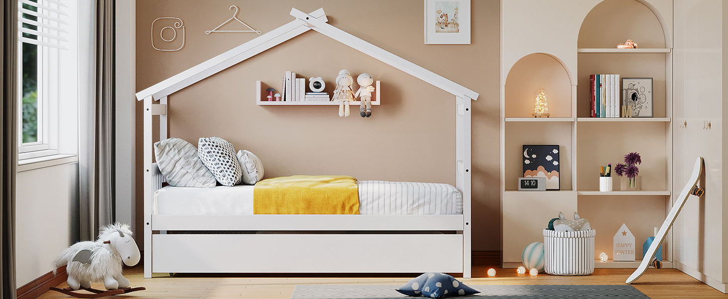 Twin Size House Bed With Twin Size Trundle - White