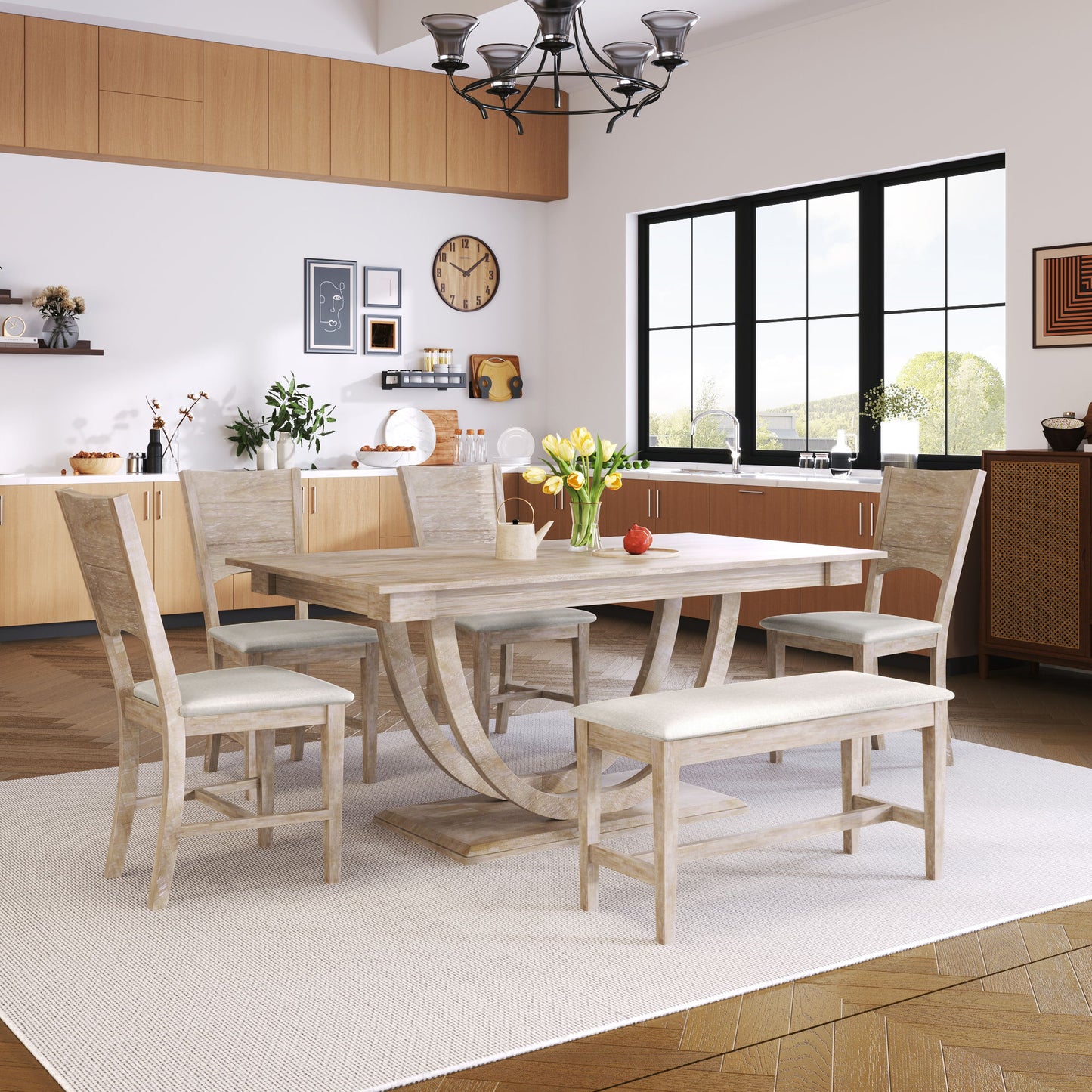 Topmax - 6 Piece Wood Half Round Dining Table Set Kitchen Table Set With Long Bench And 4 Dining Chairs, Modern Style - Natural