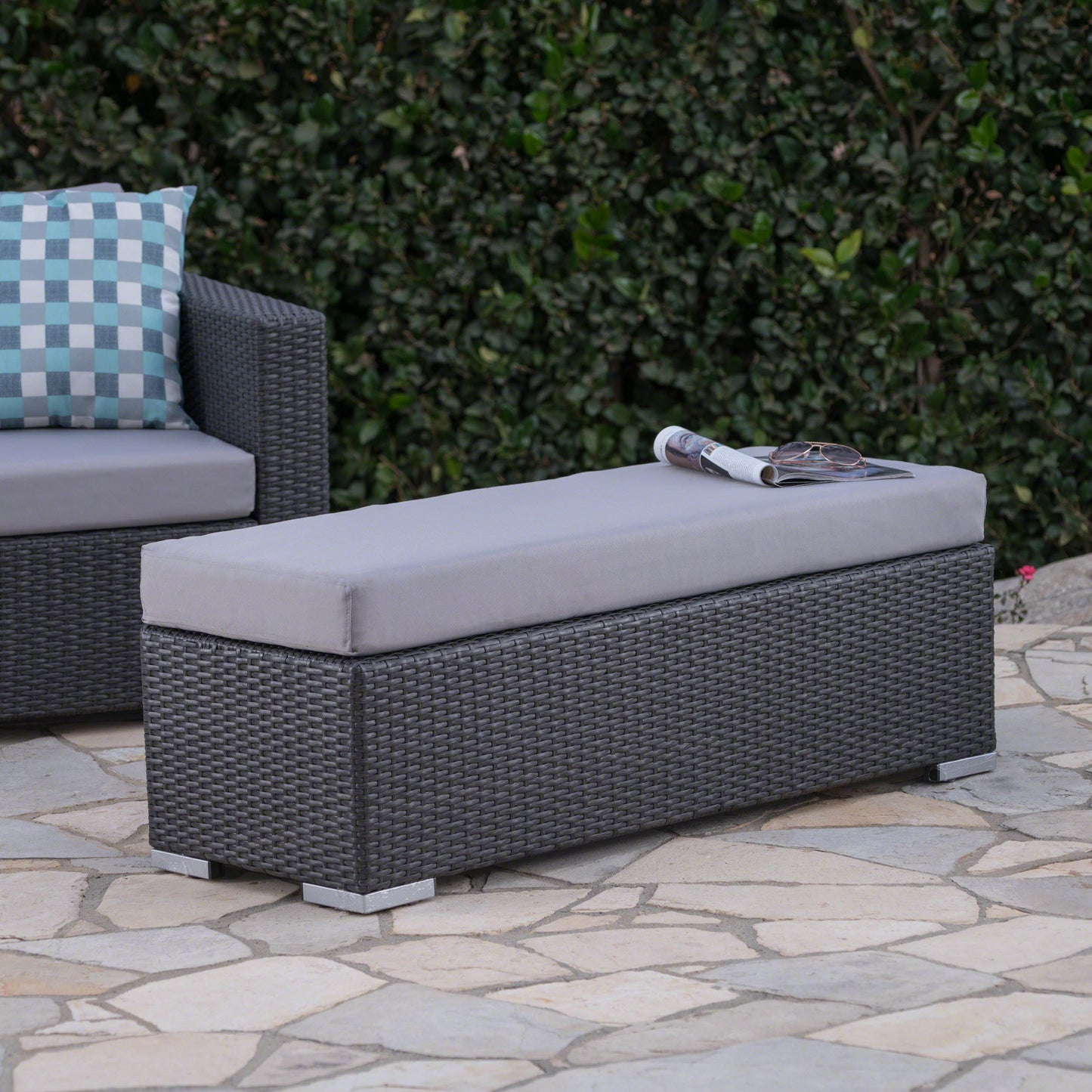 Enthrallia - Outdoor Wicker Bench With Cushion - Gray