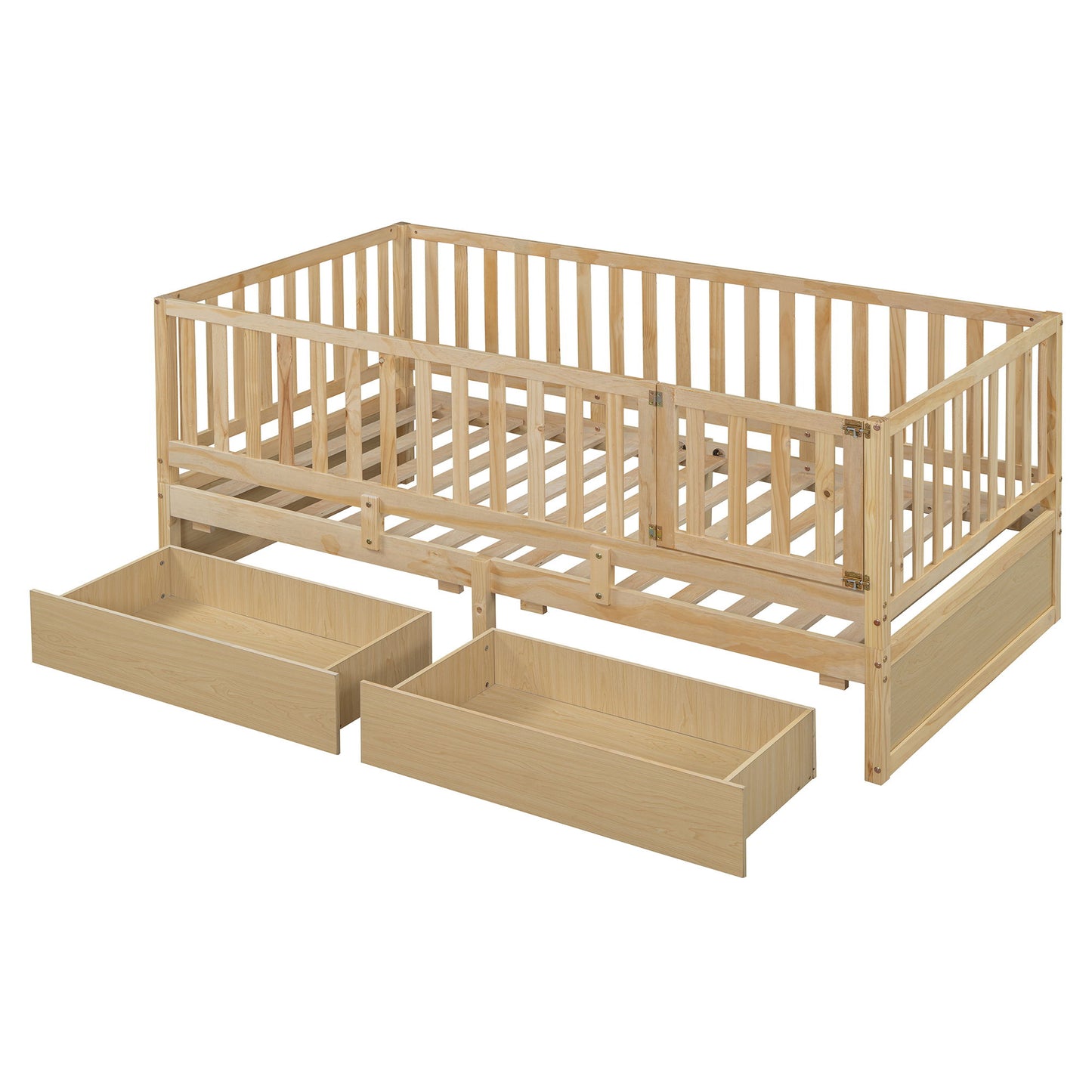 Twin Size Daybed With Fence Guardrails And 2 Drawers, Versatile Split Floor Bed & Daybed - Natural