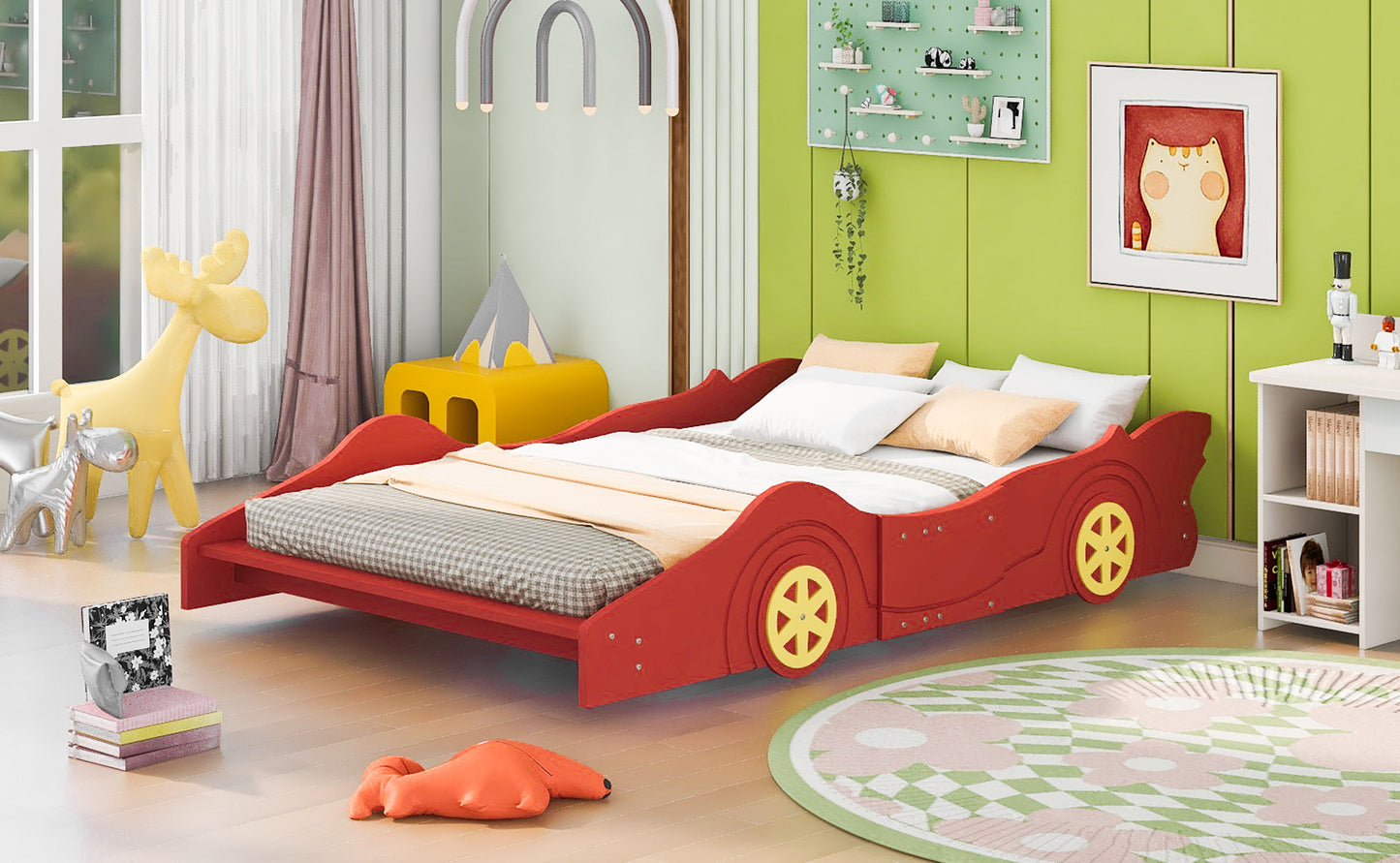 Full Size Race Car Shaped Platform Bed & Wheels - Red