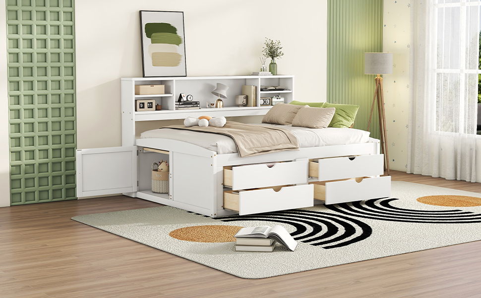 Full Size Daybed With 2 Bedside Cabinets, Upper Shelves And 4 Drawers - White