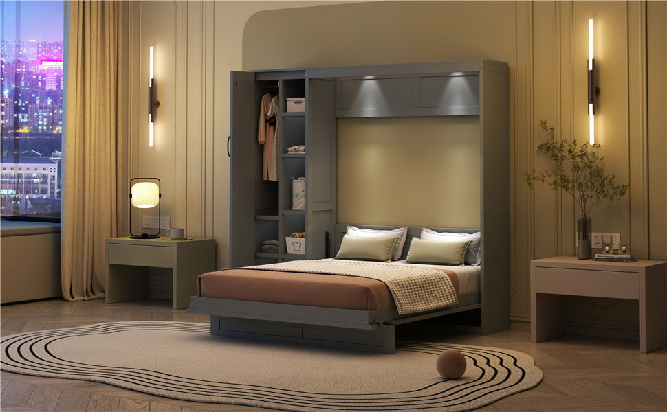 Full Size Murphy Wall Bed With Shelves, Wardrobe And LED Lights - Gray