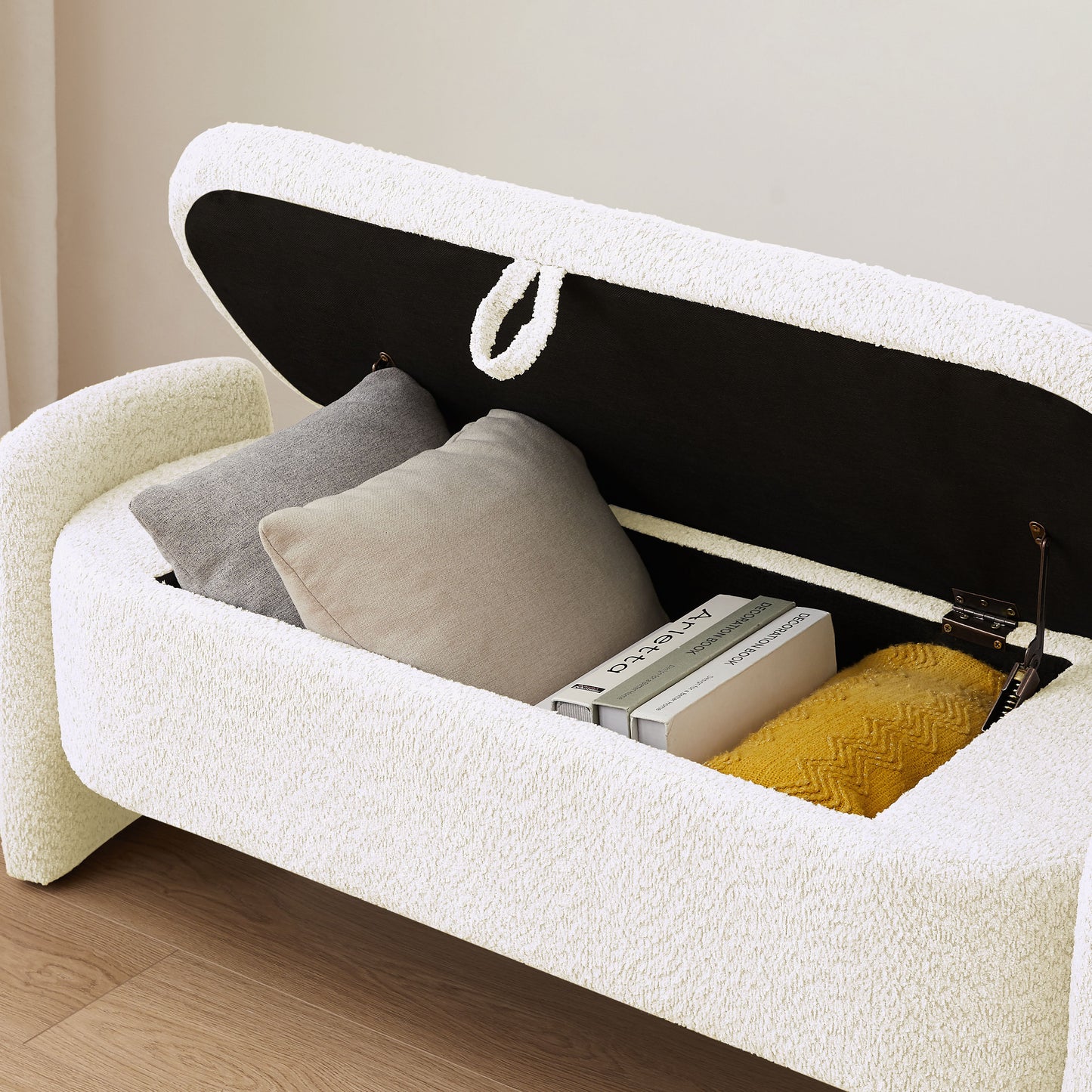 Ottoman Oval Storage Bench, 3D Lamb Fleece Bench With Large Storage Space For The Living Room, Entryway And Bedroom - Cream White