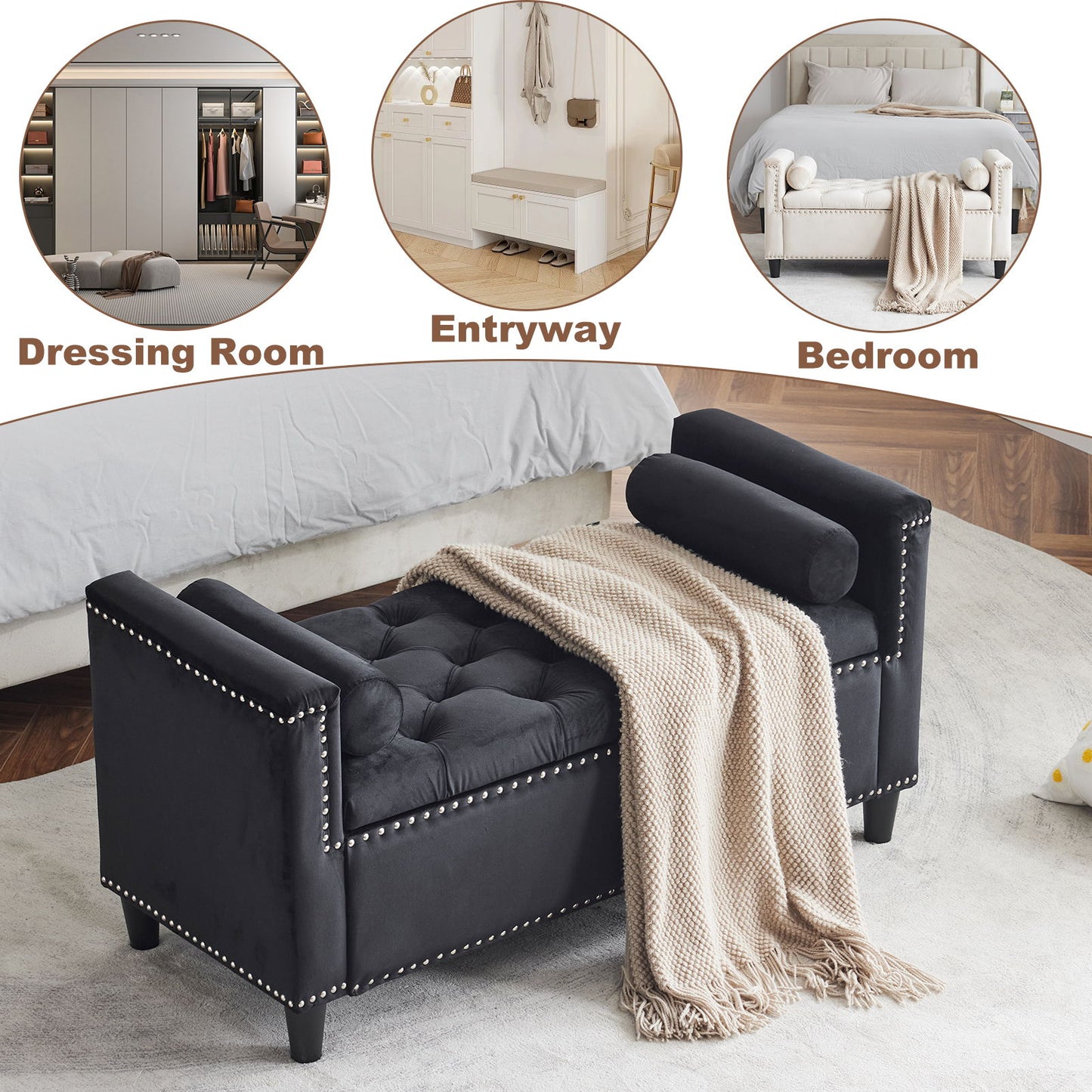 Storage Bench, Queen Velvet Button Bedside Bench, Entryway Living Room With Armrests, Nailhead Trim, Upholstered Bedroom Bench, Bedside Ottoman, Living Room, Entryway - Black