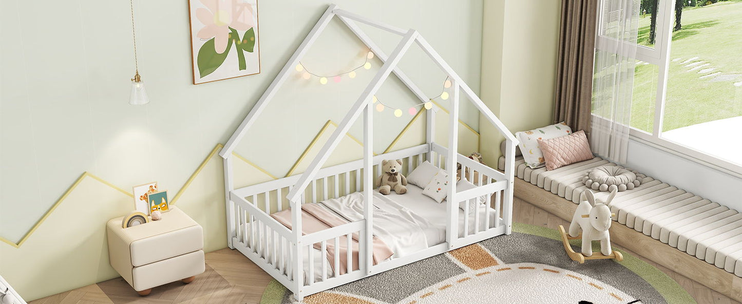 Twin Wood House-Shaped Floor Bed With Fence, Guardrails - White