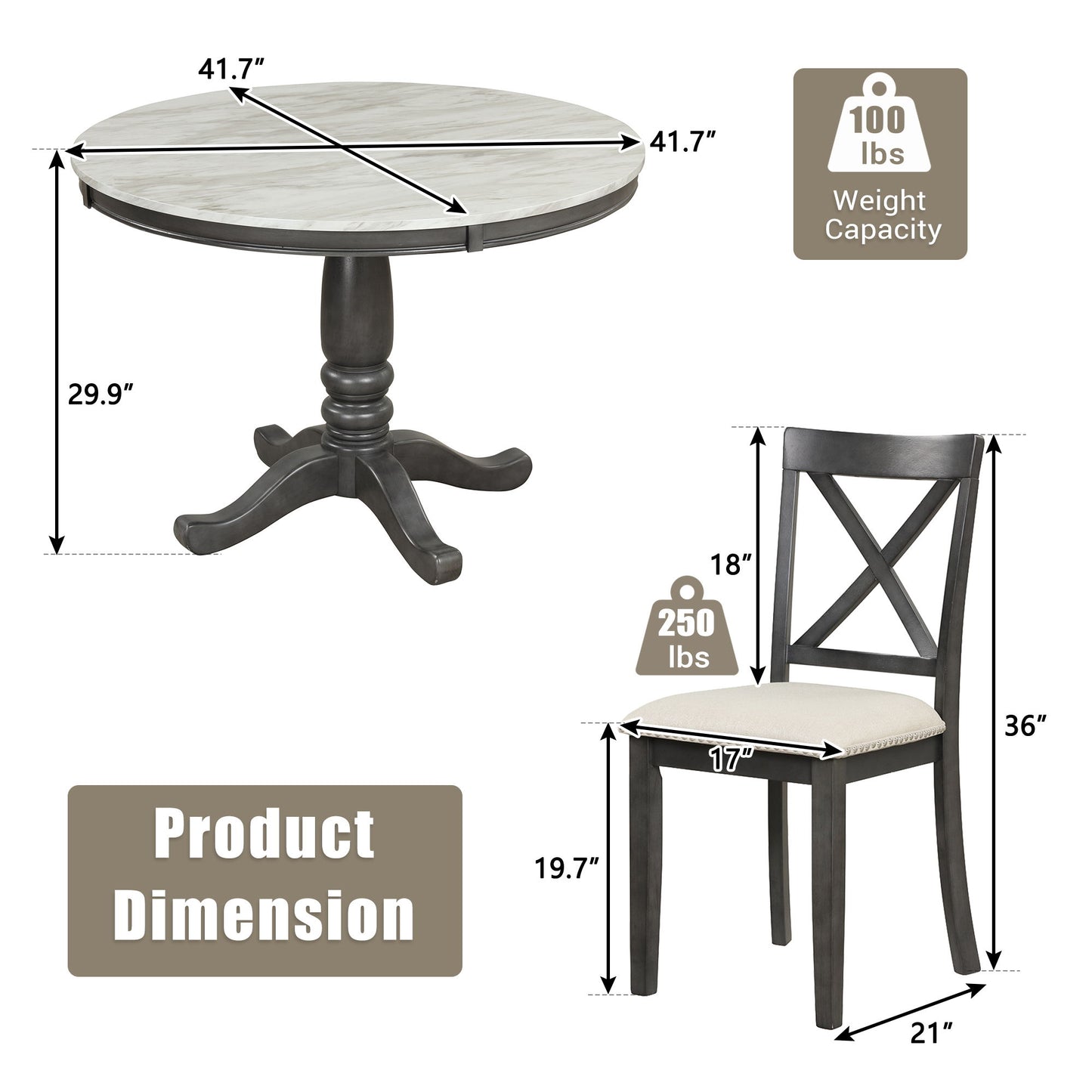 5 Pieces Dining Table And Chairs Set For 4 Persons, Kitchen Room Solid Wood Table With 4 Chairs - Gray