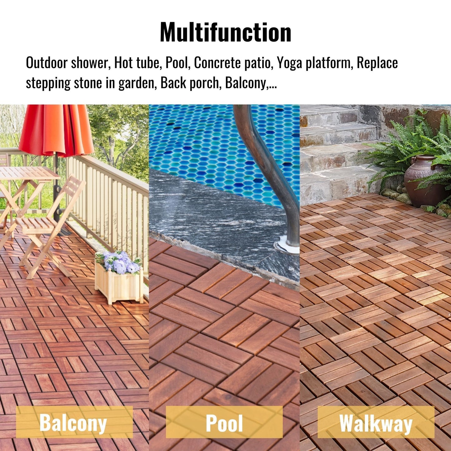 Acacia Wood Interlocking Deck Tiles Checker Pattern, 10 Piece Square Acacia Hardwood Outdoor Flooring For Patio, Bancony, Pool Side - Brown