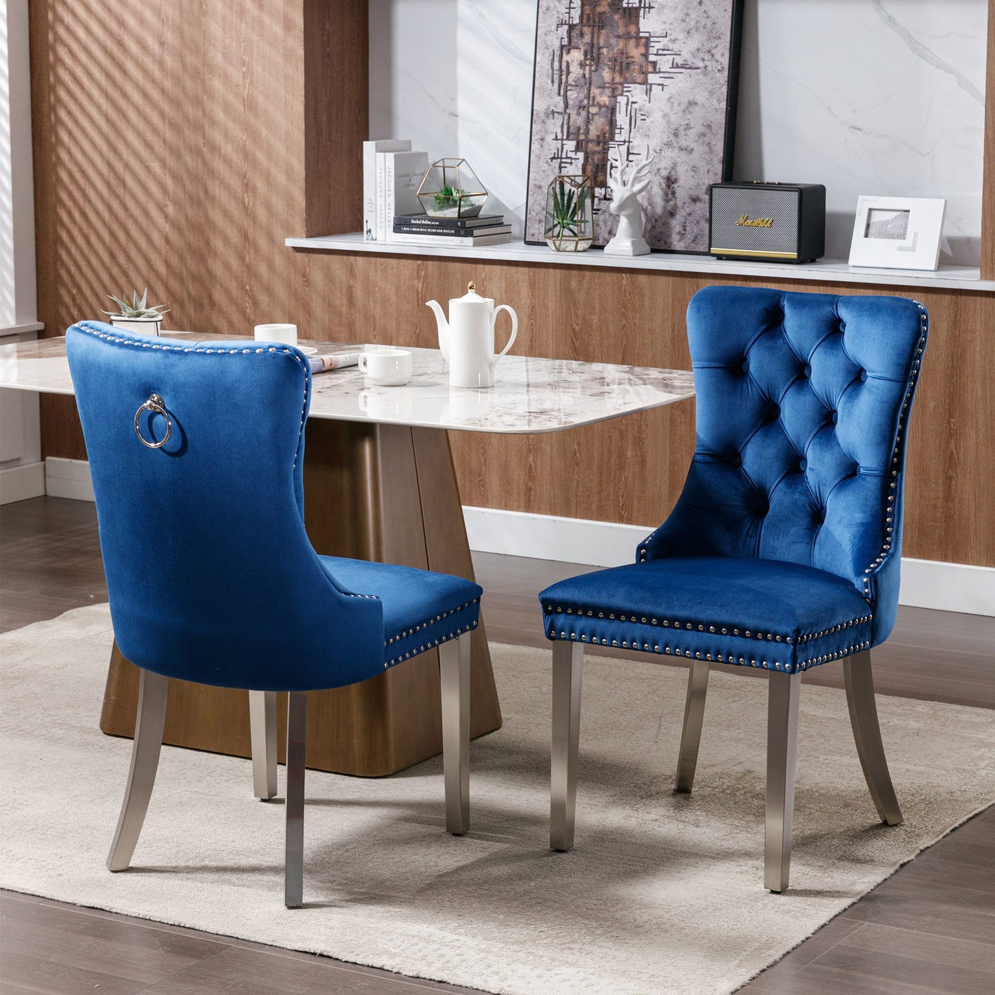 Nikki - Modern, High-End Tufted Solid Wood Contemporary Velvet Upholstered Dining Chair With Chrome Stainless Steel Plating Legs, Nailhead Trim, (Set of 2) - Blue / Chrome