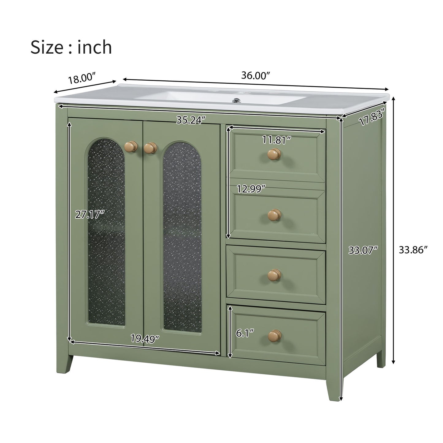 Bathroom Vanity With Two Soft Close Doors, Adjustable Shelves And Three Drawers - Green