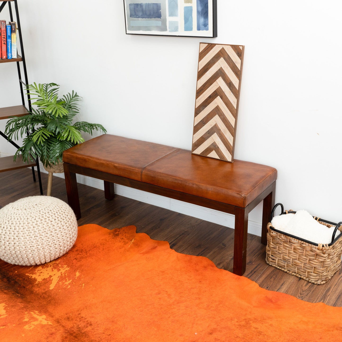 Austin - Antique Leather Bench With Lines - Antique Brown / Brown / Rustic / Tan