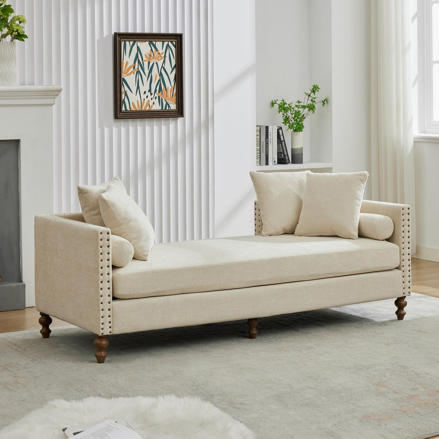 Chenille Upholstered Chaise Lounge With Nailheads, Sleeper Sofa Couch With 4 Throw Pillows & 2 Bolsters, Daybed With Rubberwood Legs - Beige