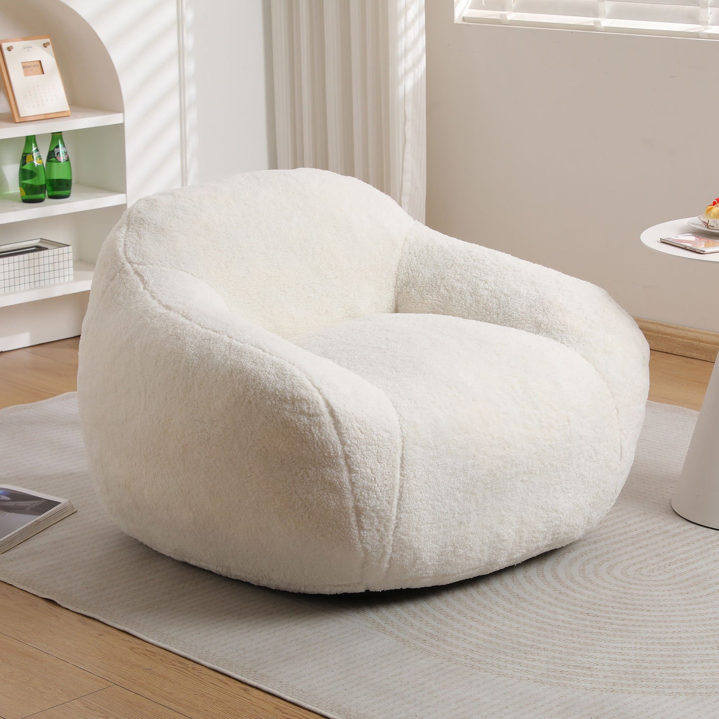 Giant Bean Bag Chair For Adults, Spacious Memory Foam Bean Bag Sofa With Armrests Teddy Fabric, Comfy Seating For Living Room Or Bedroom - Off White