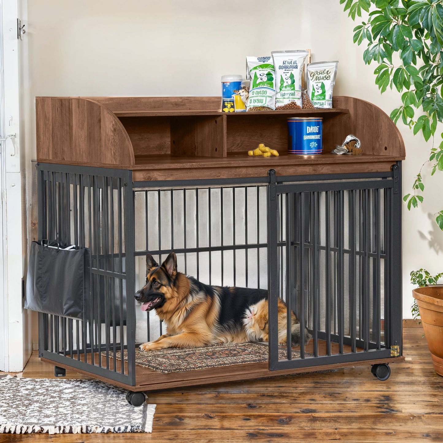 Heavy Duty Large Dog Crate Furniture For Large Medium Dog With Lockable Wheels, Wooden Dog Crate Dog Kennel, End Table Crate With Double Layer Storage - Brown