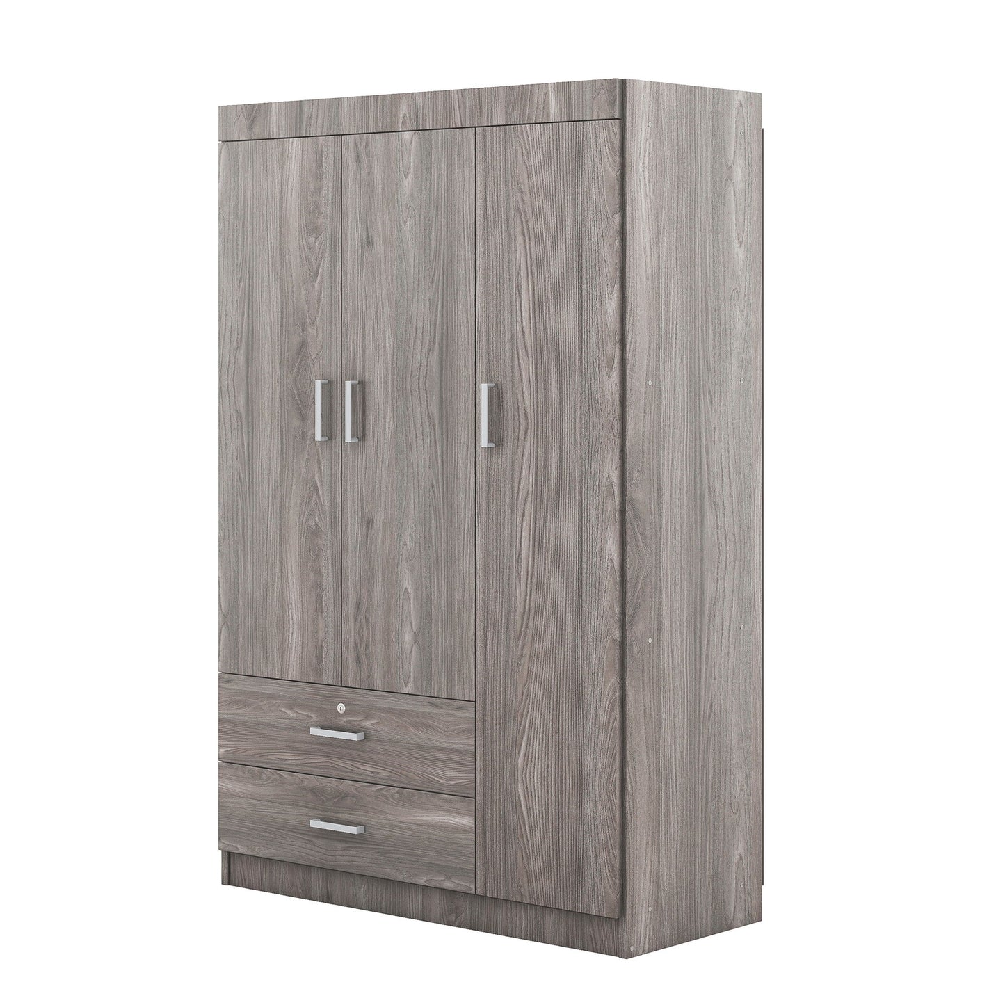 3 Door Wardrobe With 2 Drawers, Grain Effect - Gray