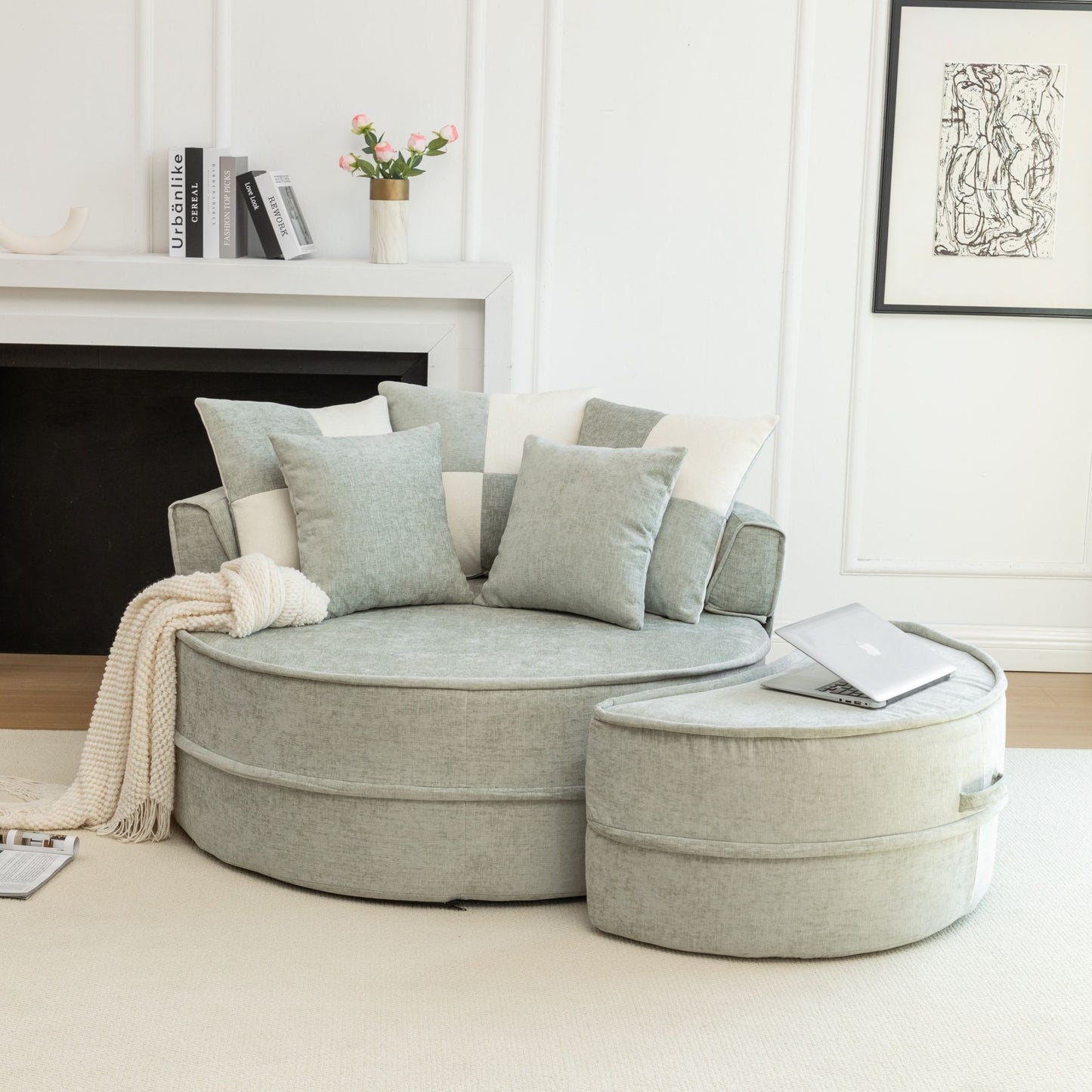 Modern Oversized Round Barrel Accent Chair With Ottoman Velvet Upholstered Lounge Armchair With 5 Pillows For Living Room Or Bedroom - Green