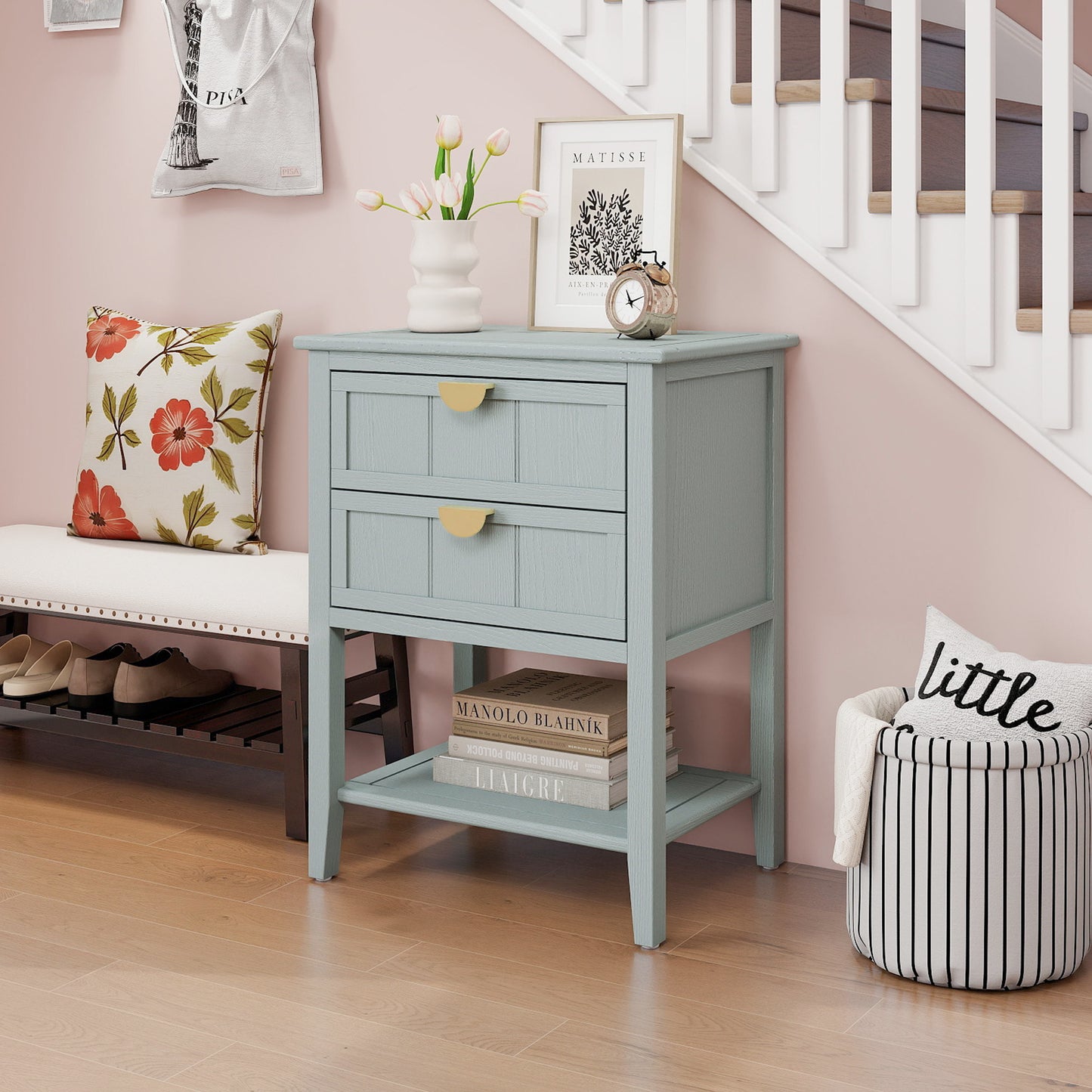 2 Drawer Side Table, American Style, End Table, Suitable For Bedroom, Living Room, Study - Light Gray