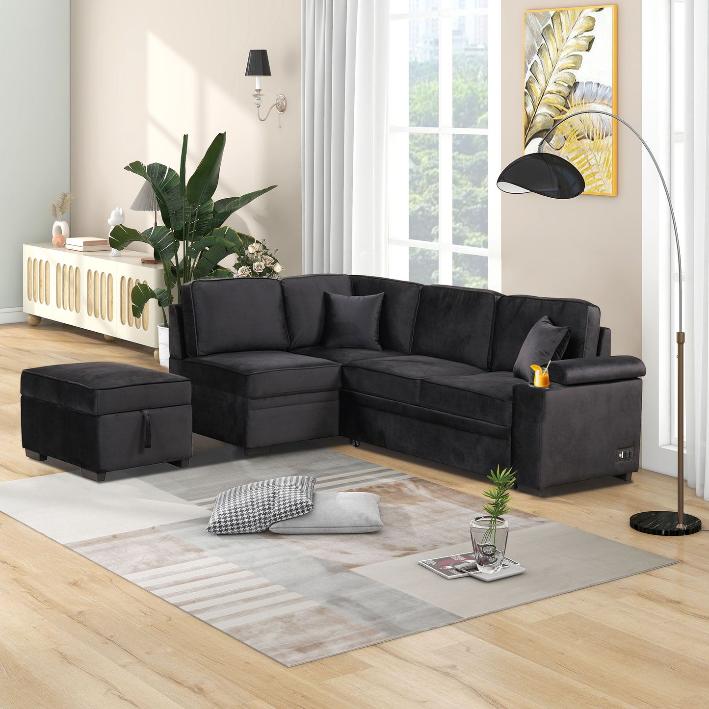 Sleeper Sofa Bed, 2 In 1 Pull Out Sofa Bed L-Shape Couch With Storage Ottoman For Living Room, Bedroom Couch And Small Apartment - Black