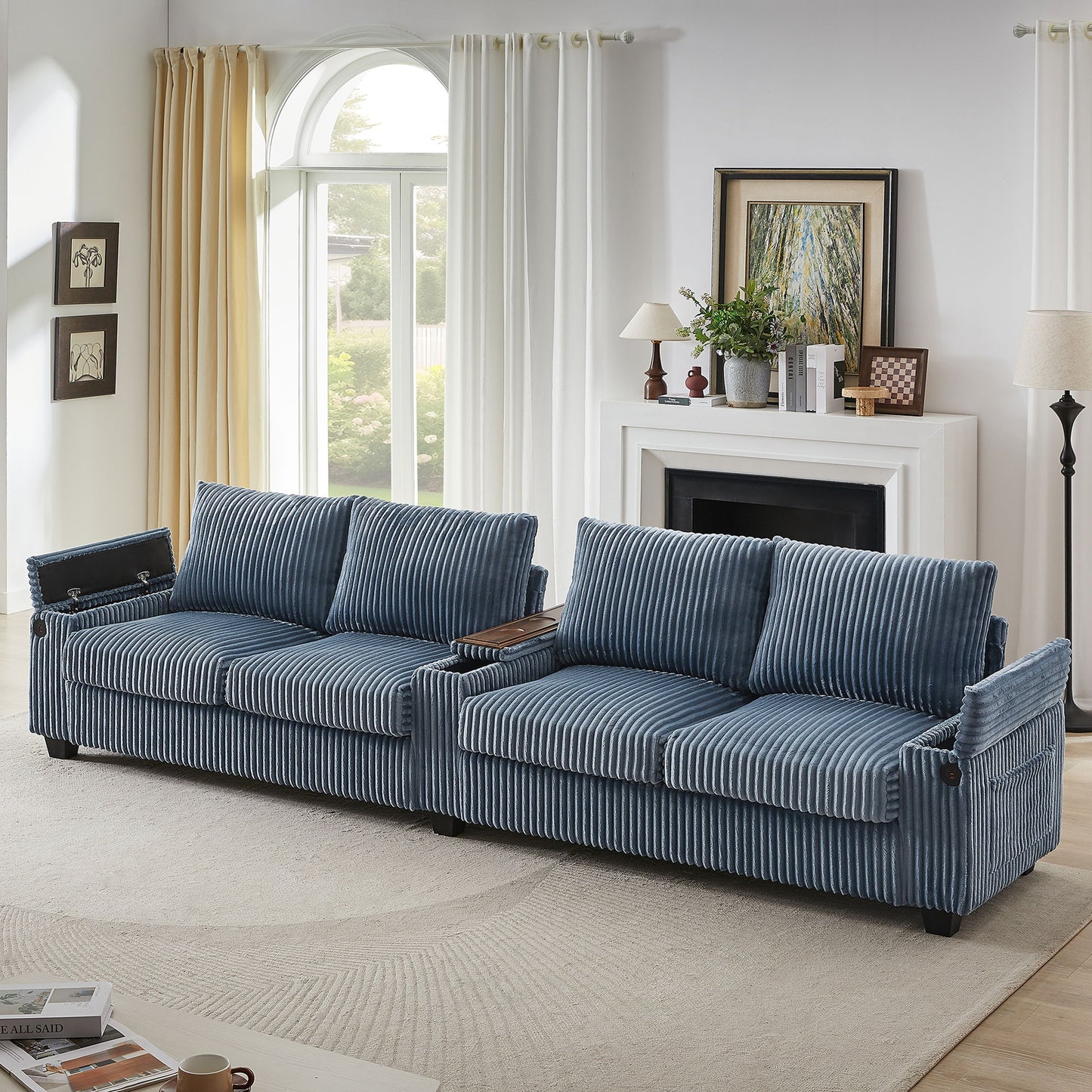 Modern 4 Seater Corduroy Sofa Couch With USB Ports, Hidden Storage, Flip Top Cup Holders - Blue