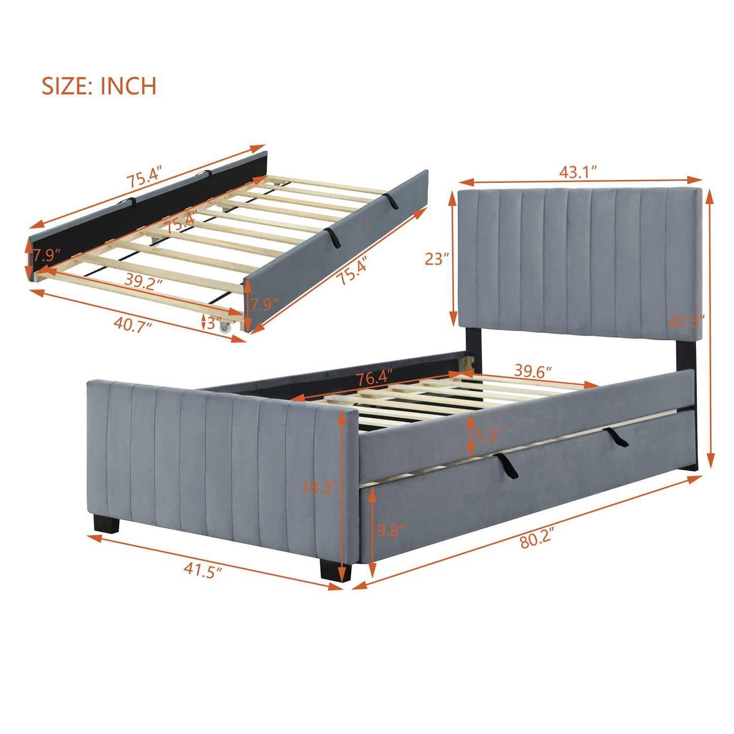Twin Size Upholstered Platform Bed With Twin Size Trundle - Gray