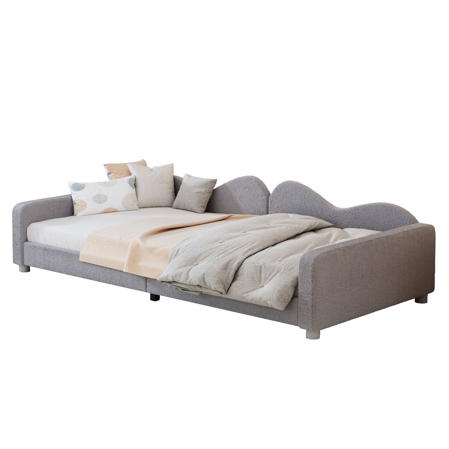 Twin Size Upholstered Daybed, Sherpa Fabric Sofabed With Cloud-Shaped Backrest, No Box - Spring Needed - Gray