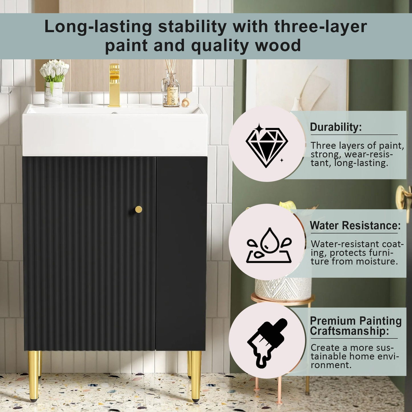 Bathroom Vanity, Combo Cabinet, Bathroom Storage Cabinet, Single Ceramic Sink, Right Side Storage - Black