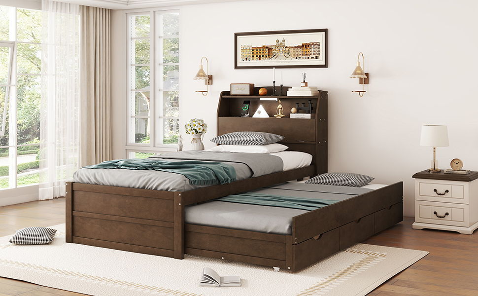 Twin Size LED Platform Bed With Trundle With Storage Headboard With Drawers - Brown