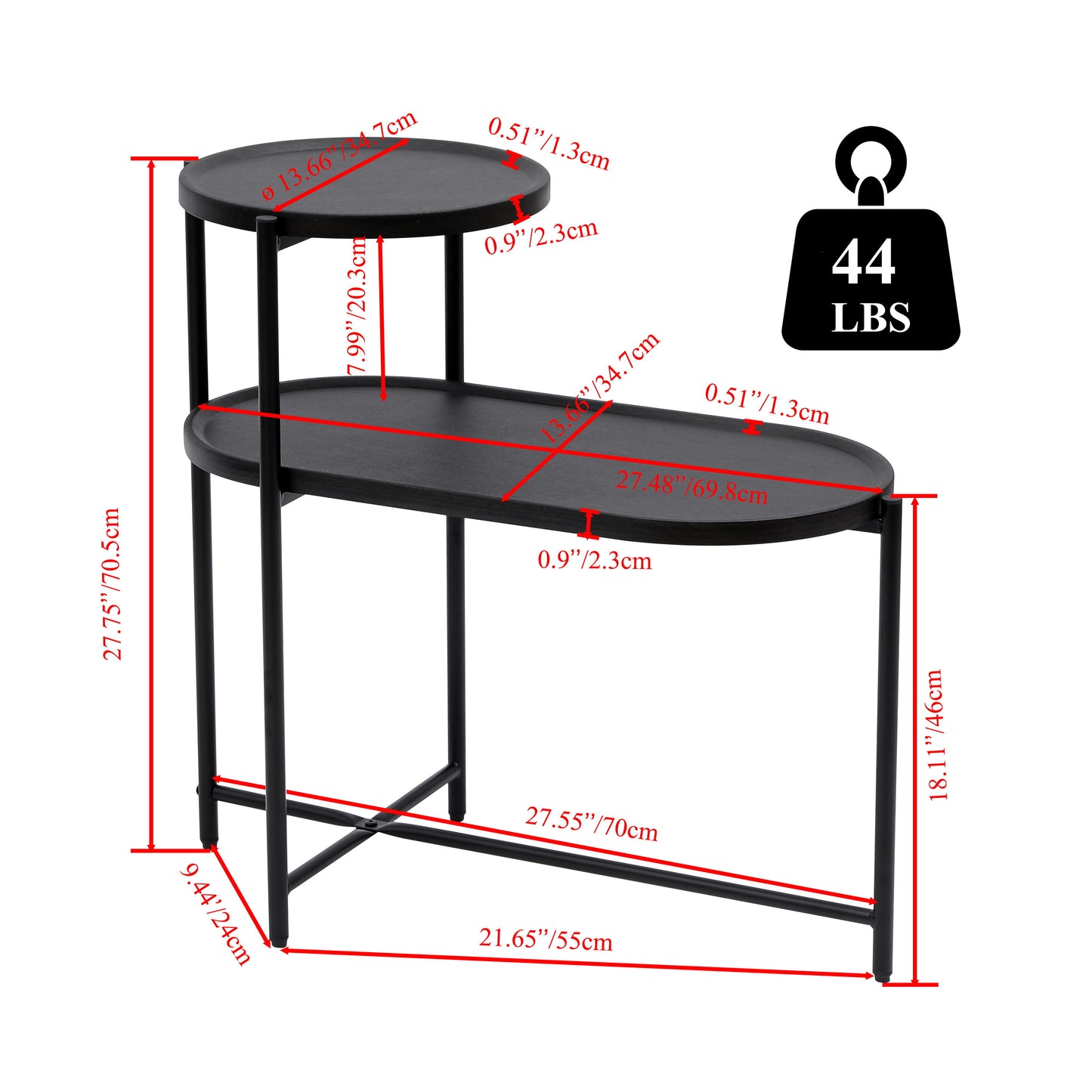 Round Coffee Table With Storage Tray 2 Tier Oval End Tables Wooden Small Side Table For Living Room - Black