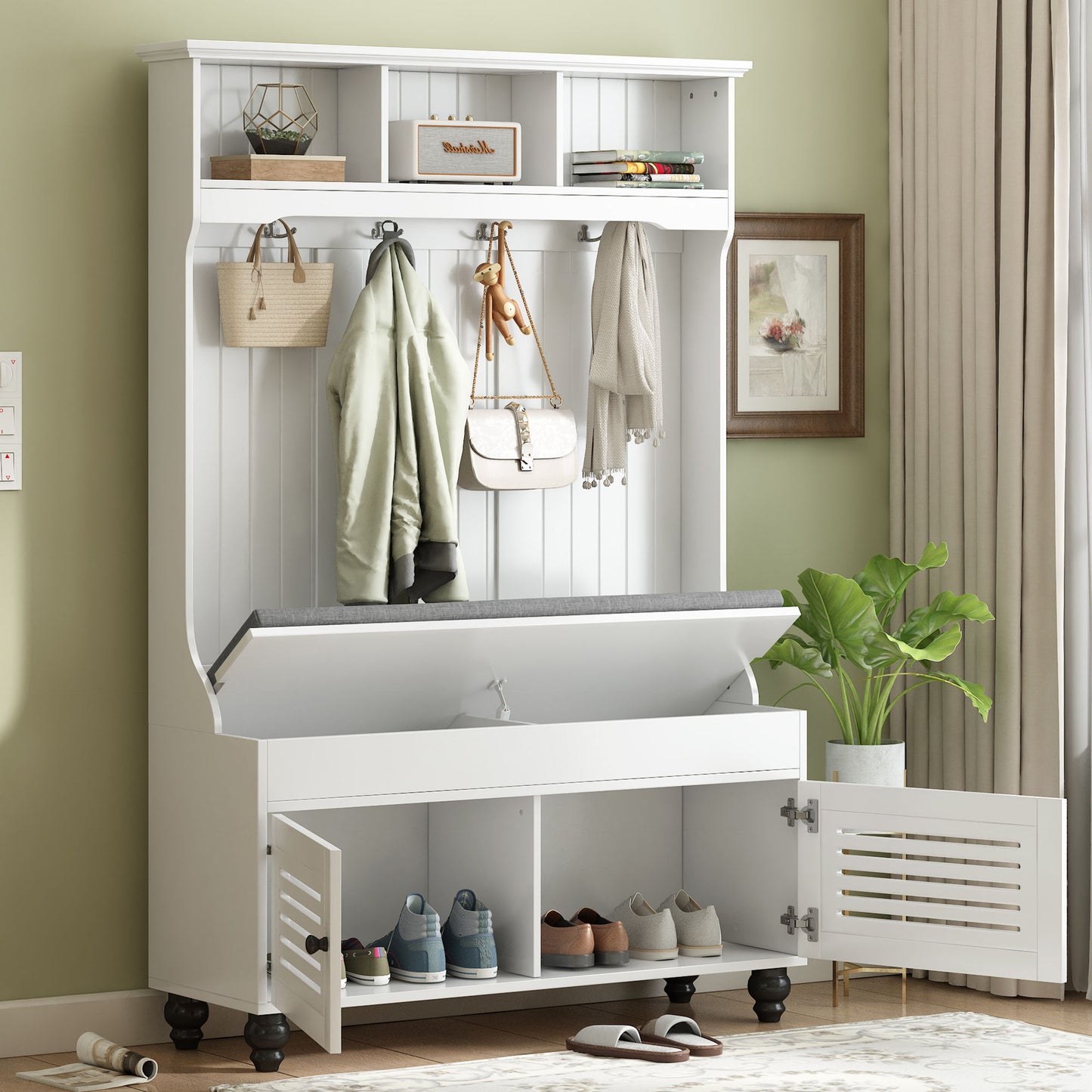 5 In 1 Entryway Bench With Shutter - Shaped Doors, Coat Rack, Cushion And 4 Sturdy Hooks, Wide Hall Tree With Storage Bench For Hallway, Entryway, Living Room - White
