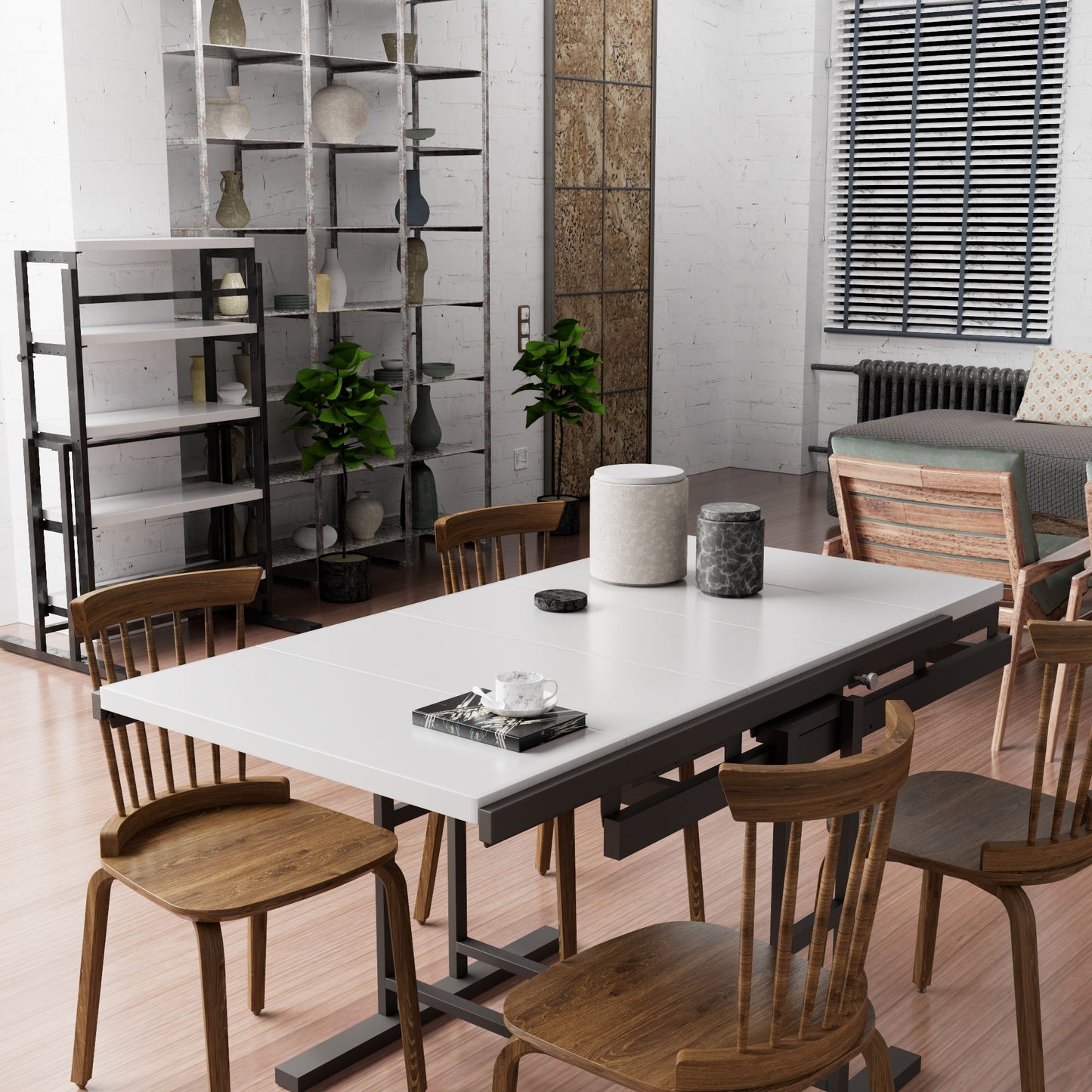 Solid Mahogany Wood Multifunction Convertible Dining Table, Free Switch Space Saving Table Shelf For Home And Studio - White