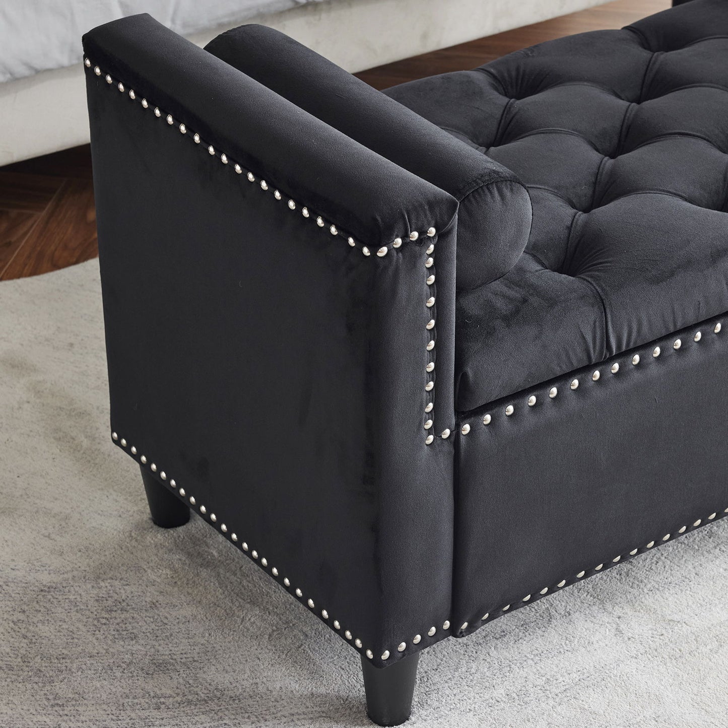Storage Bench, Queen Velvet Button Bedside Bench, Entryway Living Room With Armrests, Nailhead Trim, Upholstered Bedroom Bench, Bedside Ottoman, Living Room, Entryway - Black