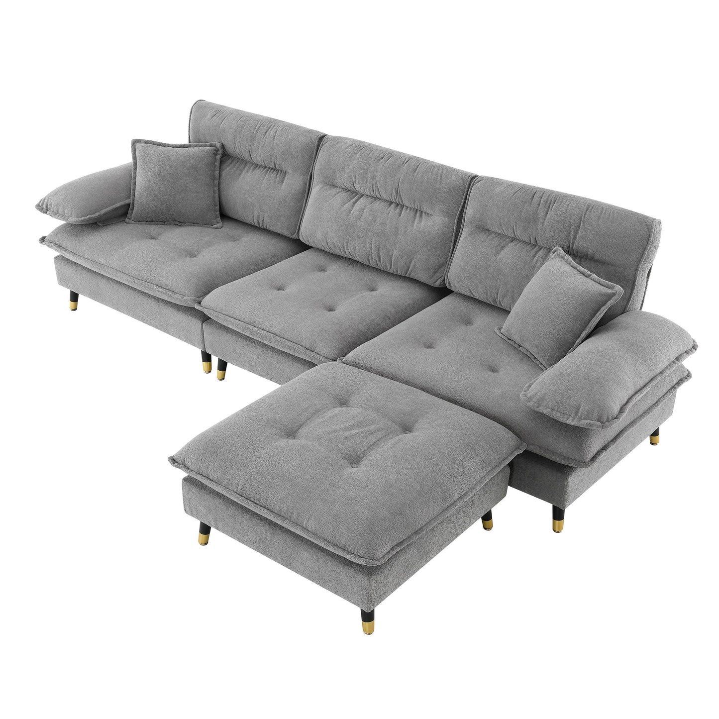 L Shaped Convertible Sectional Sofa 4 Seat Tufted Couch Set With Two Tone Adjust Legs Cloud Movable Ottoman - Gray
