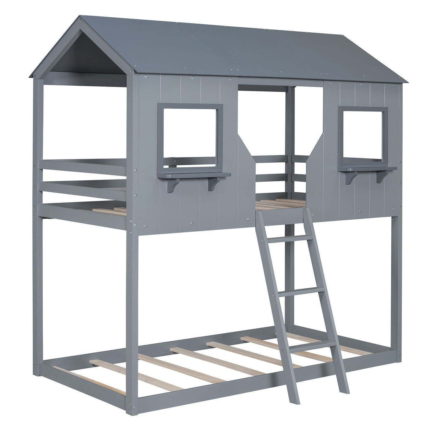 Twin Over Twin Bunk Bed With Roof, Window, Guardrail, Ladder - Gray