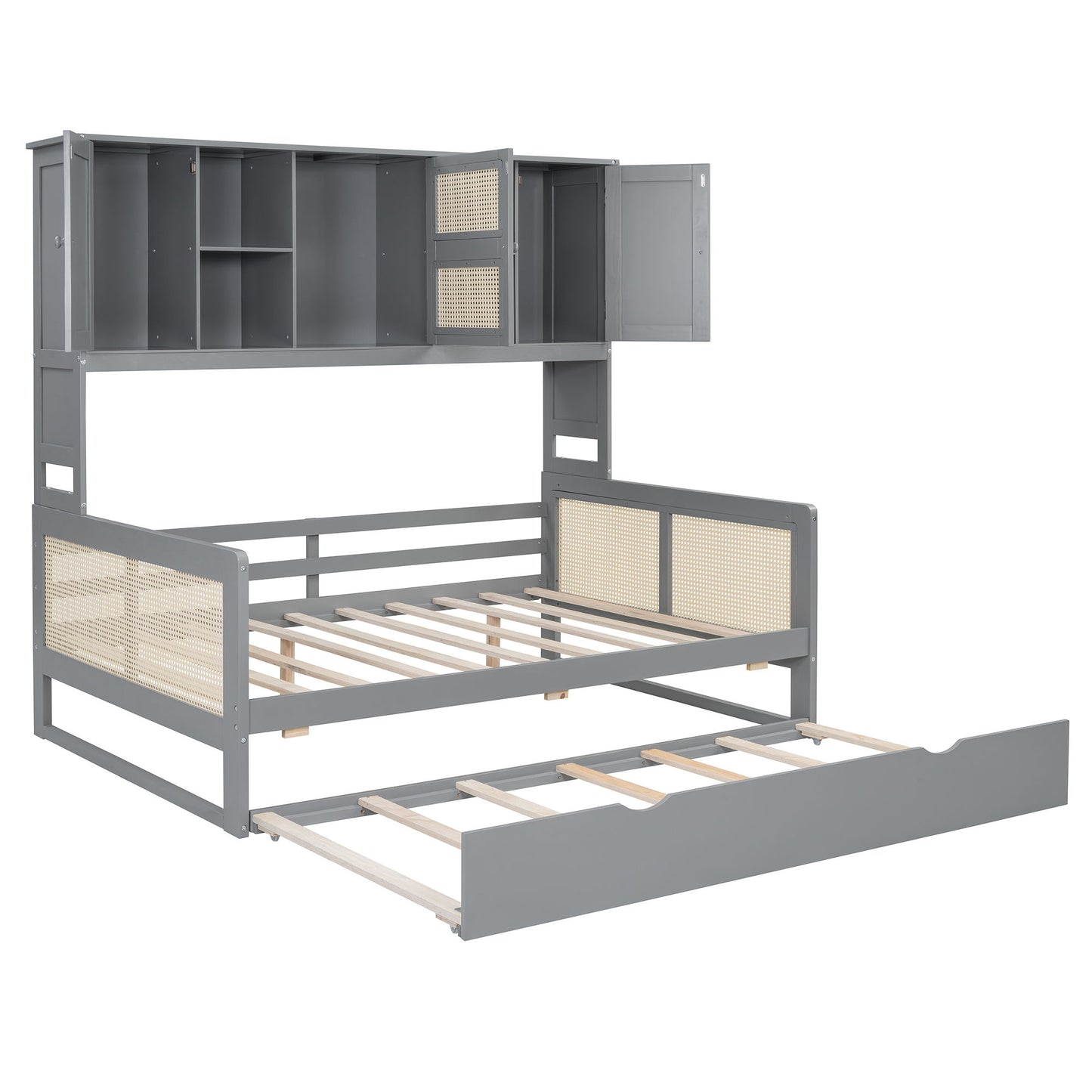 Full Size Wooden Daybed & Twin Size Trundle, And All In One Cabinet And Shelf - Gray