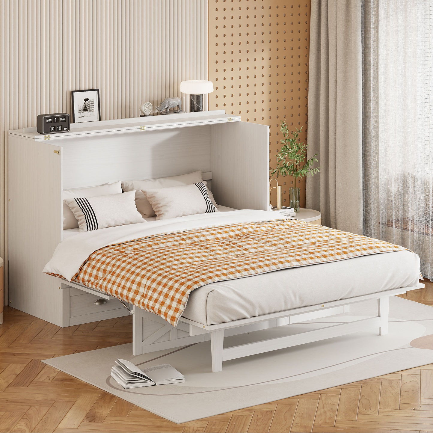 Full Size Murphy Bed With Large Drawers - Brushed White