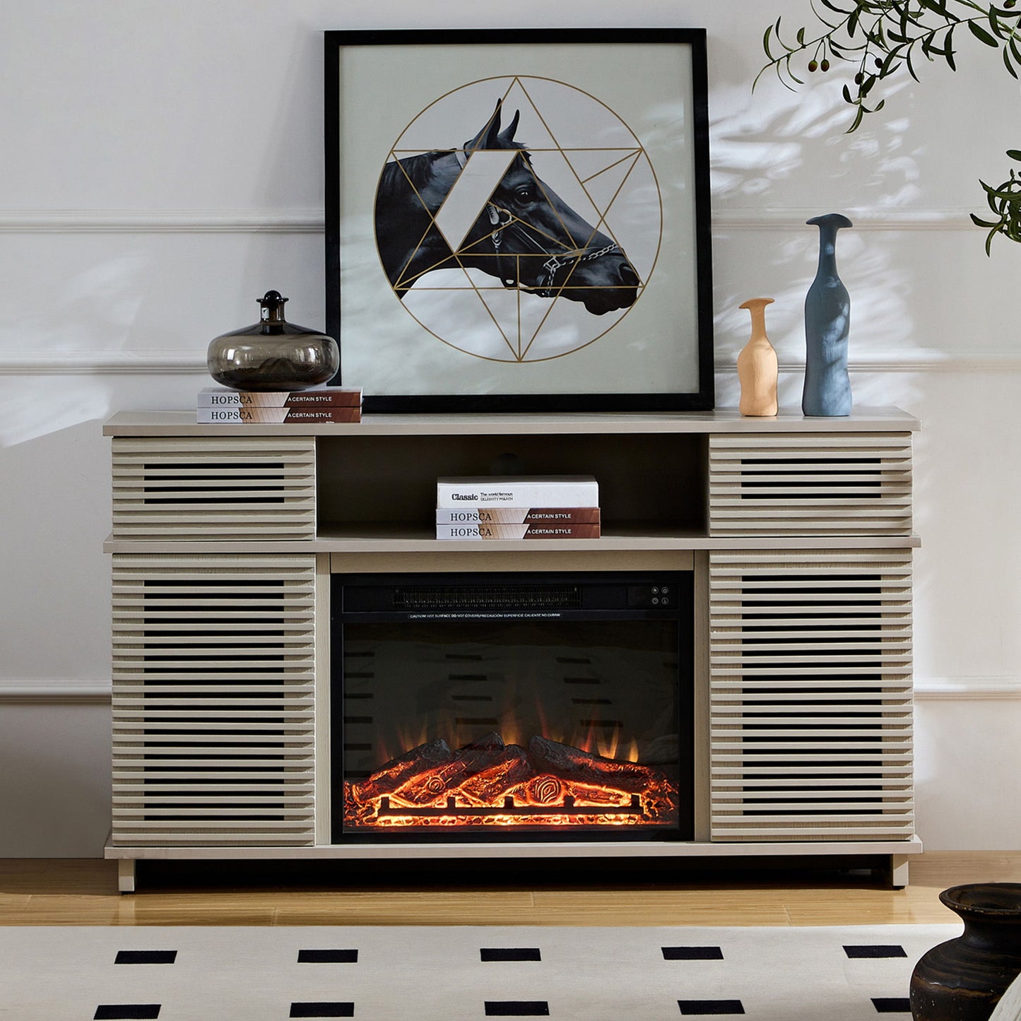 Modern Solid Wood Cabinet With Adjustable Shelves And Remote-Controlled Fireplace - Light Gray