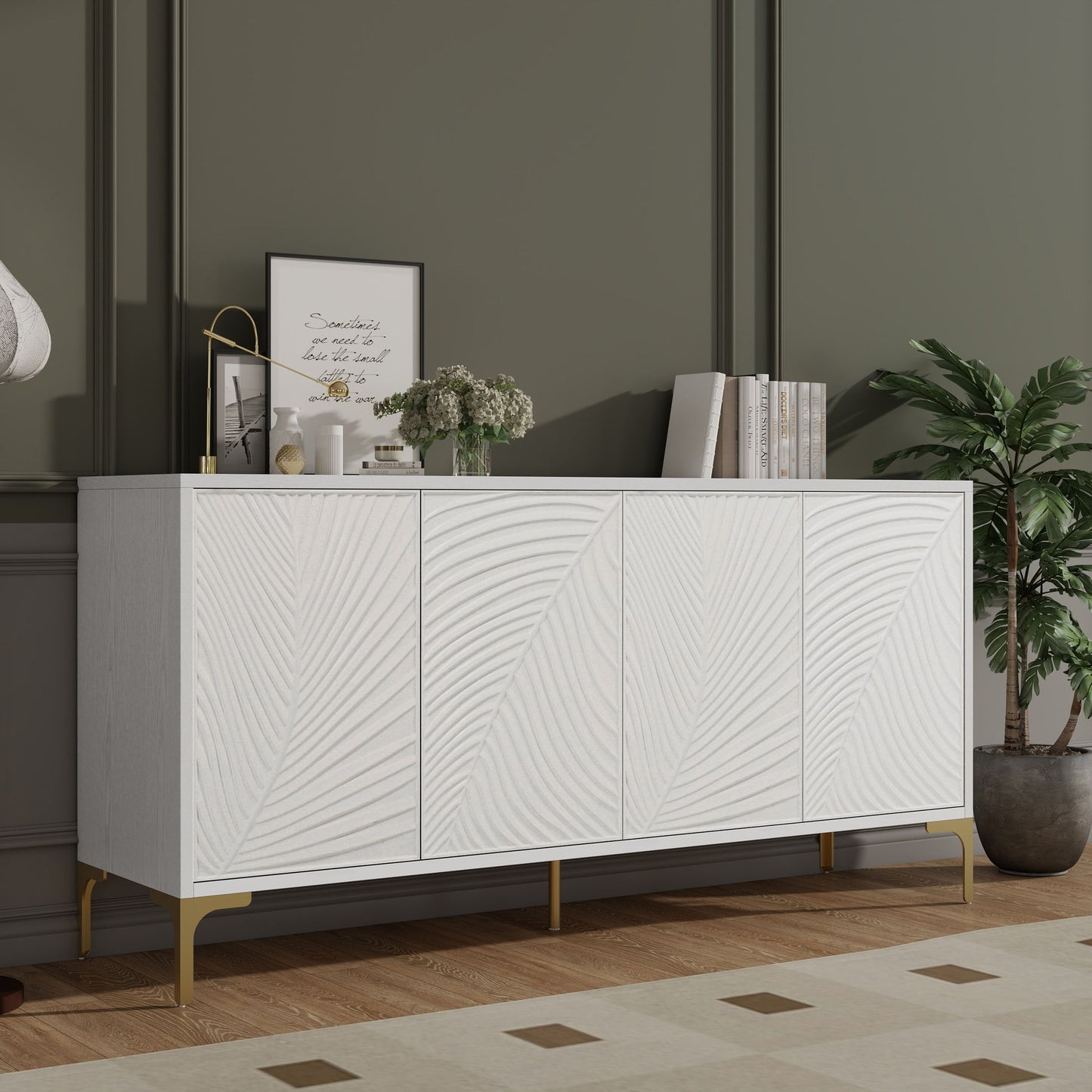 Multi Functional Storage Cabinet, 4 Door Sideboard With Unique Texture, Adjustable Shelves - White