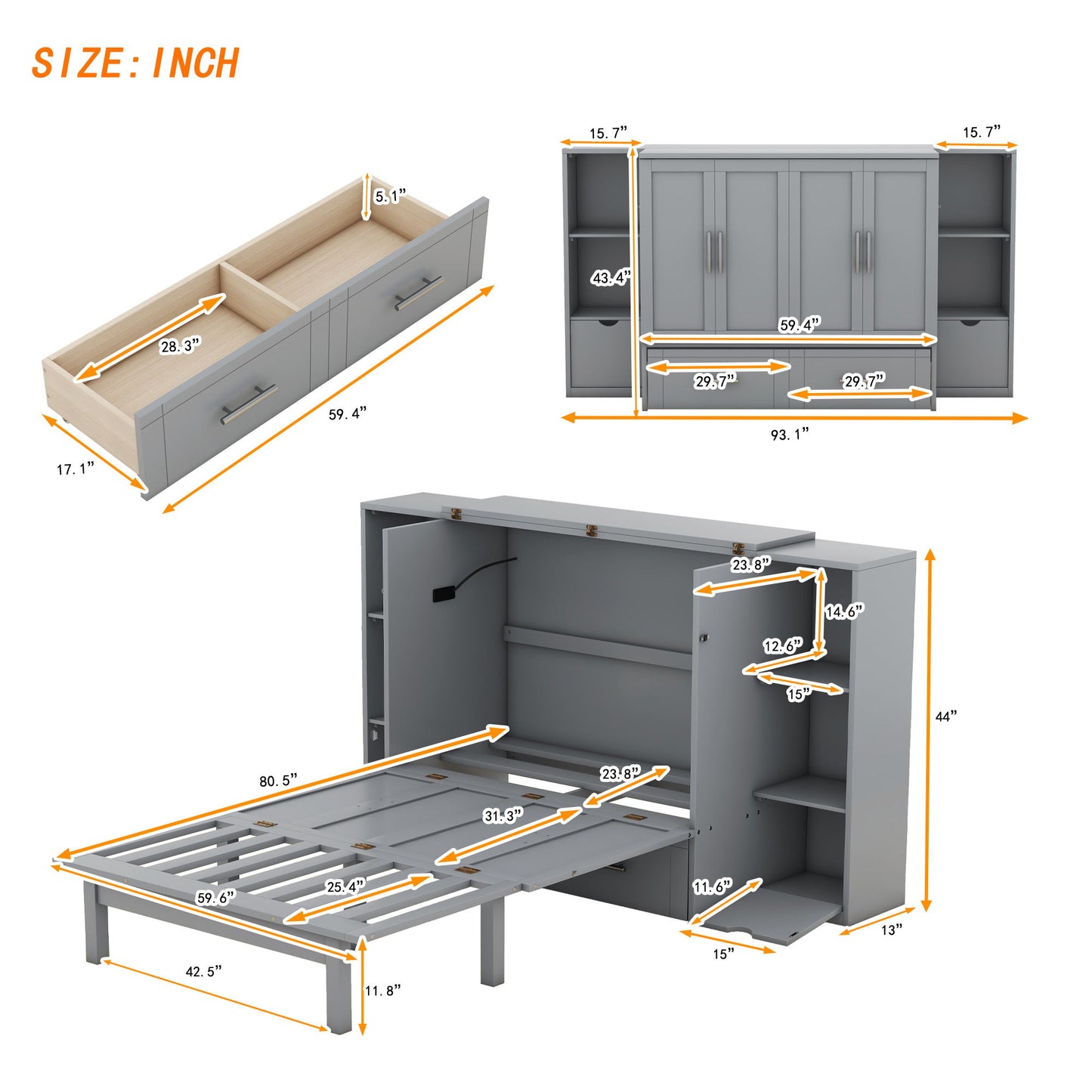 Queen Size Murphy Bed With Shelves, Drawers And USB Ports - Gray