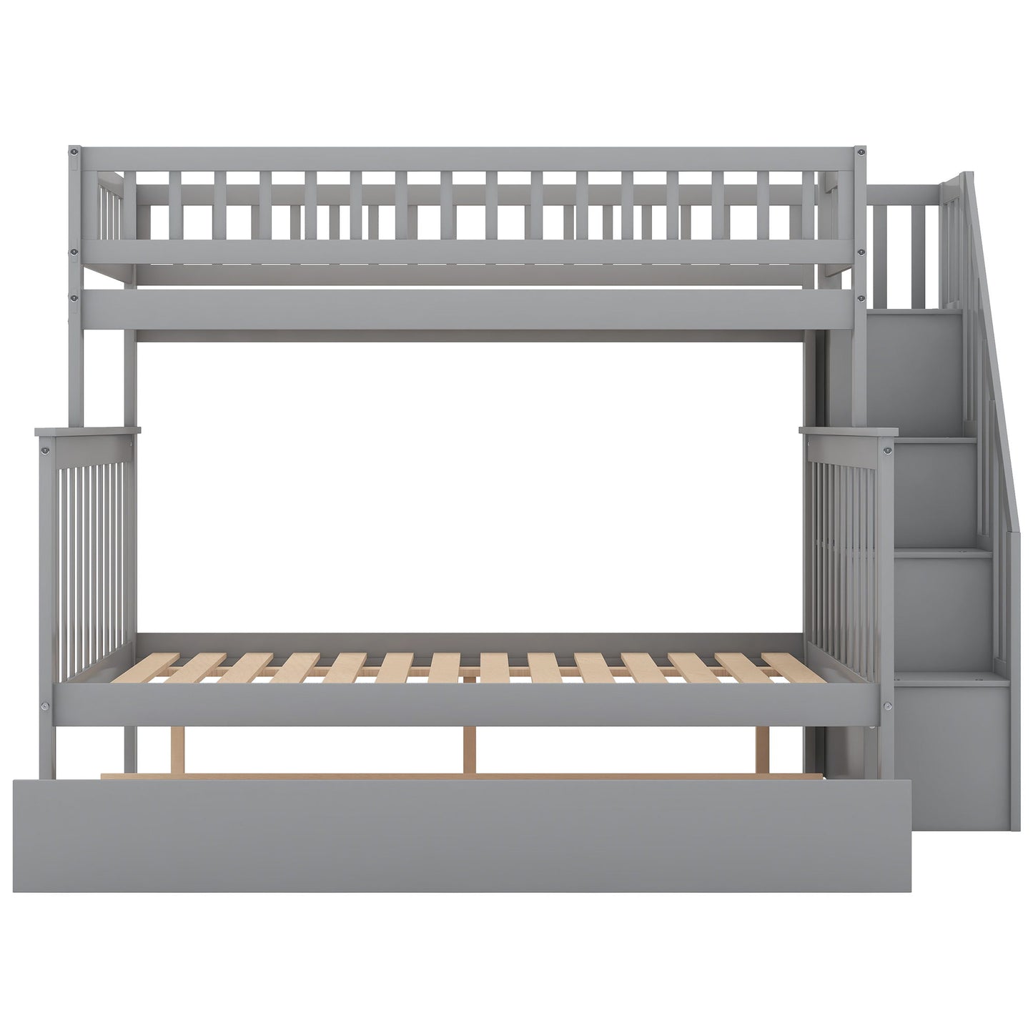 Twin Over Full Bunk Bed With Trundle And Staircase - Gray