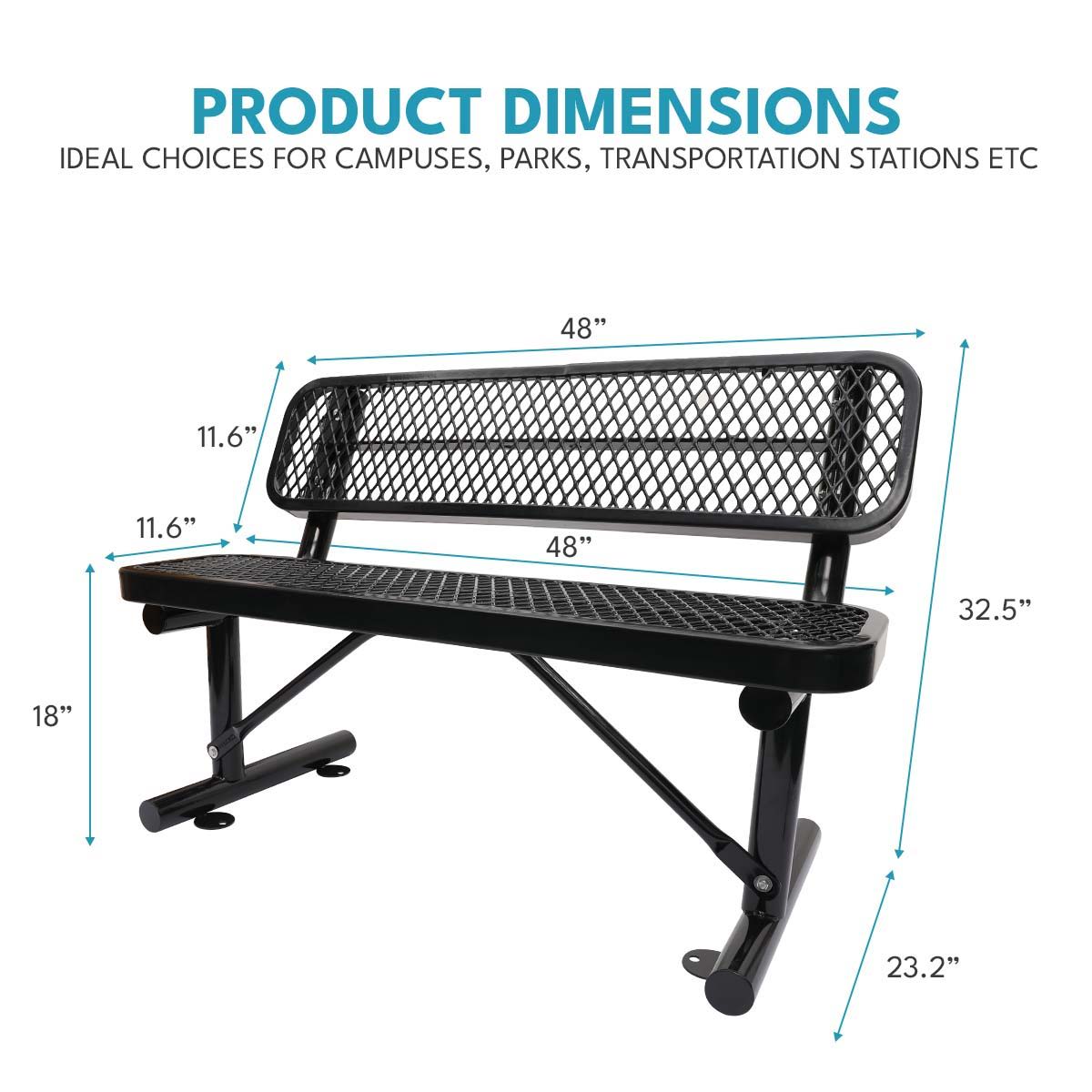 Outdoor Steel Bench With Backrest - Black