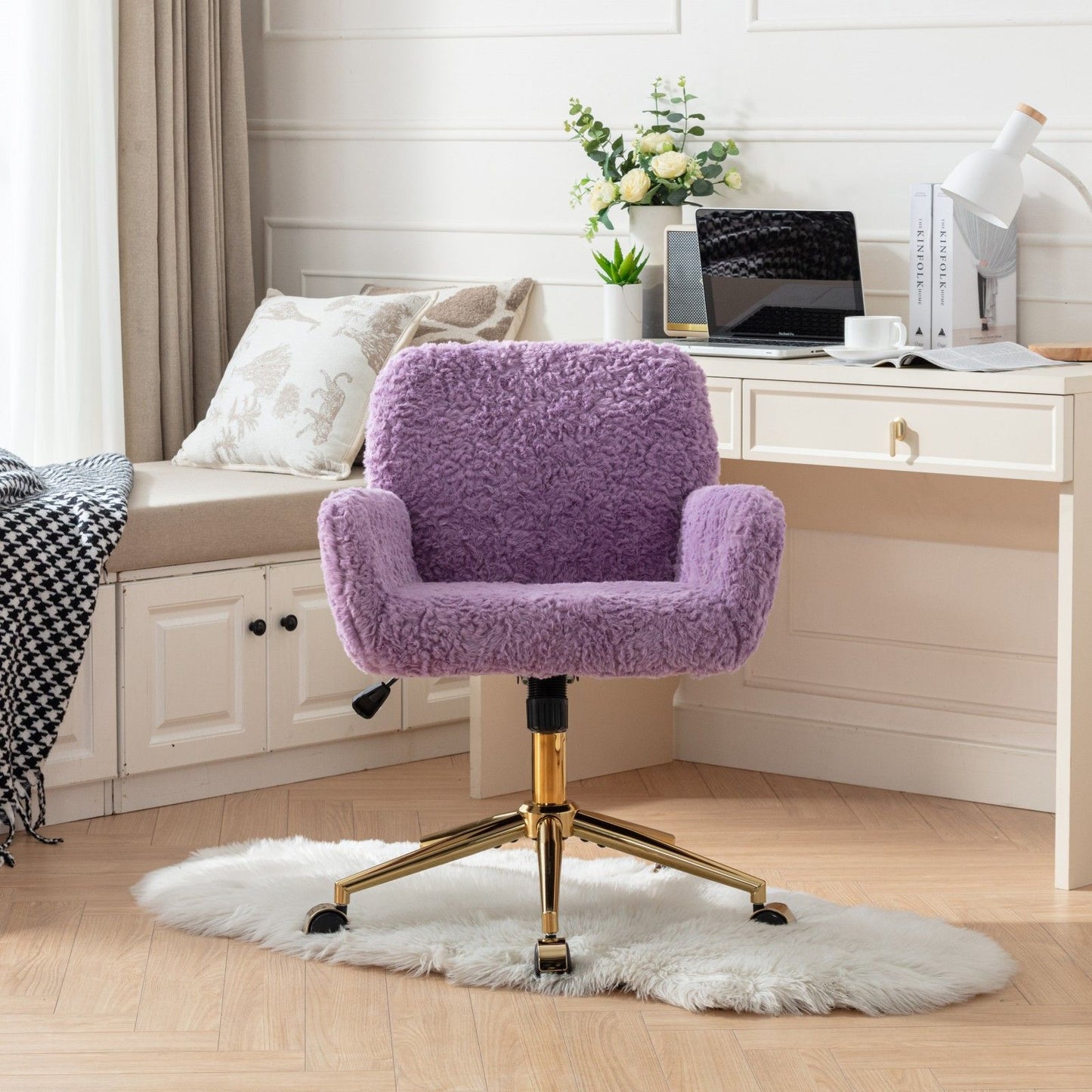 Office Chair, Artificial Rabbit Hair Home Office Chair With Golden Metal Base, Adjustable Desk Chair Swivel Office Chair, Vanity Chair - Violet