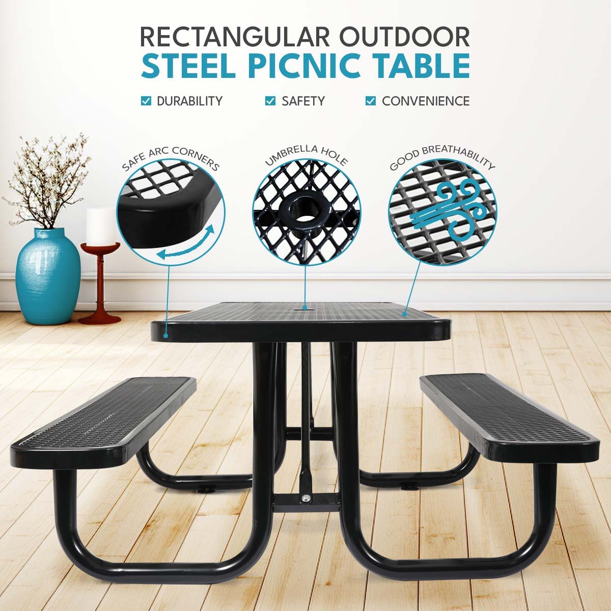Outdoor Steel Picnic Rectangular Table With Umbrella Pole - Black
